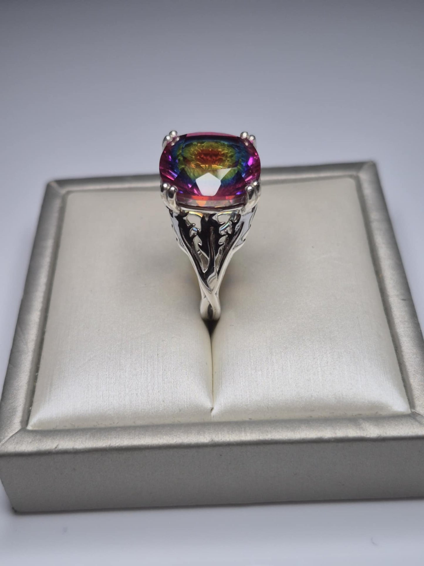 11.06ct Nebula Quartz Doublet Solitaire Ring in Rhodium Overlay 925 Sterling Silver