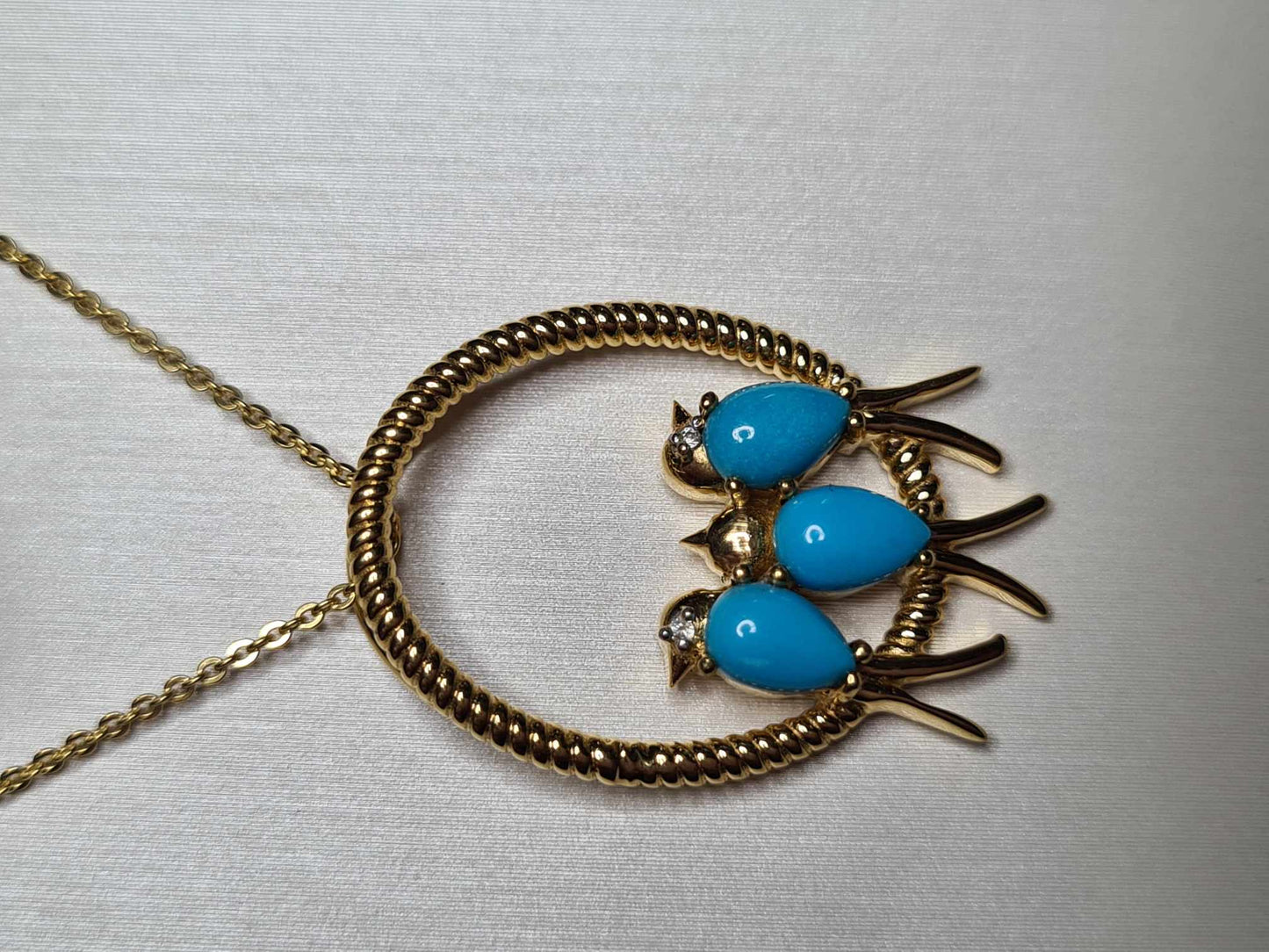 1.23 Ct Bird Arizona Sleeping Beauty Turquoise & Zircon Necklace 18k gold overlay 925 sterling silver