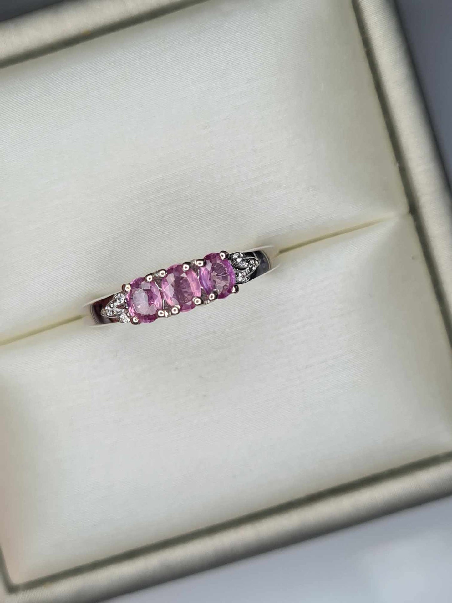 0.720ct Pink Sapphire and White Zircon Trilogy Ring in Rhodium 925 Sterling Silver SIZE K