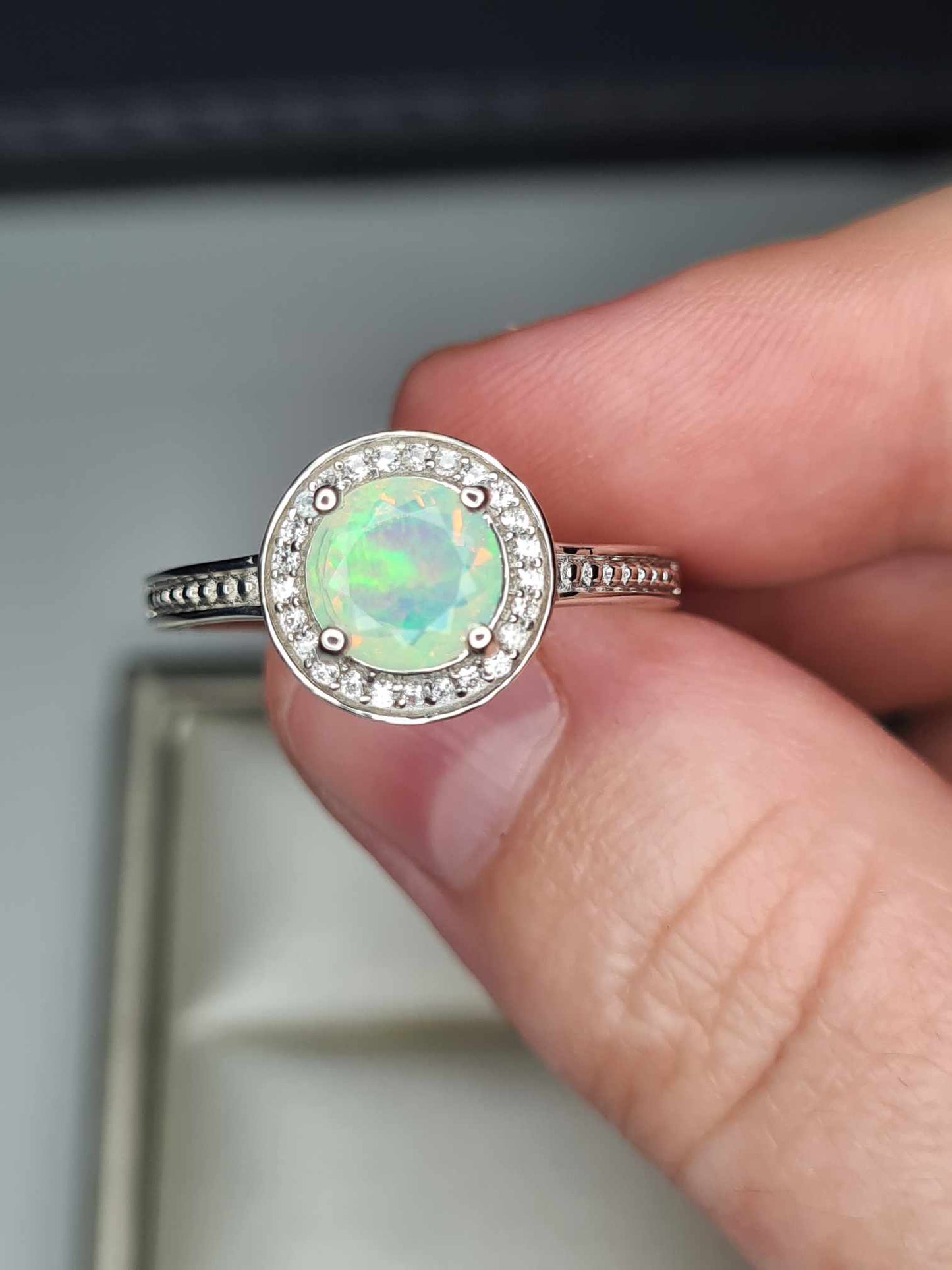 1ct Ethiopian Welo Opal & Natural Zircon Halo Ring in Platinum Overlay 925 Sterling Silver
