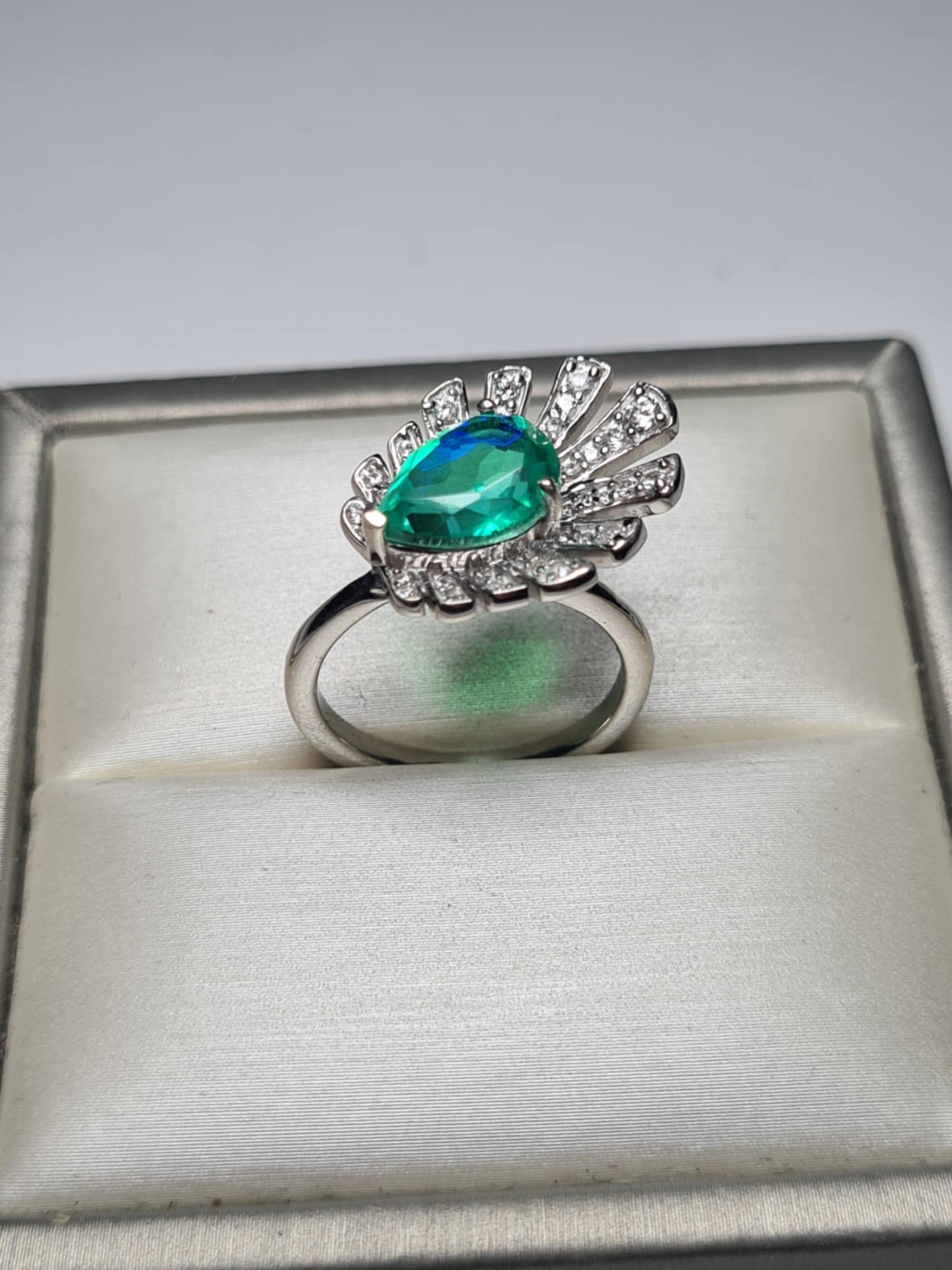 2.59 Ct Peacock Triplet Quartz, White Zircon Ring in 925 Sterling Silver SIZE K