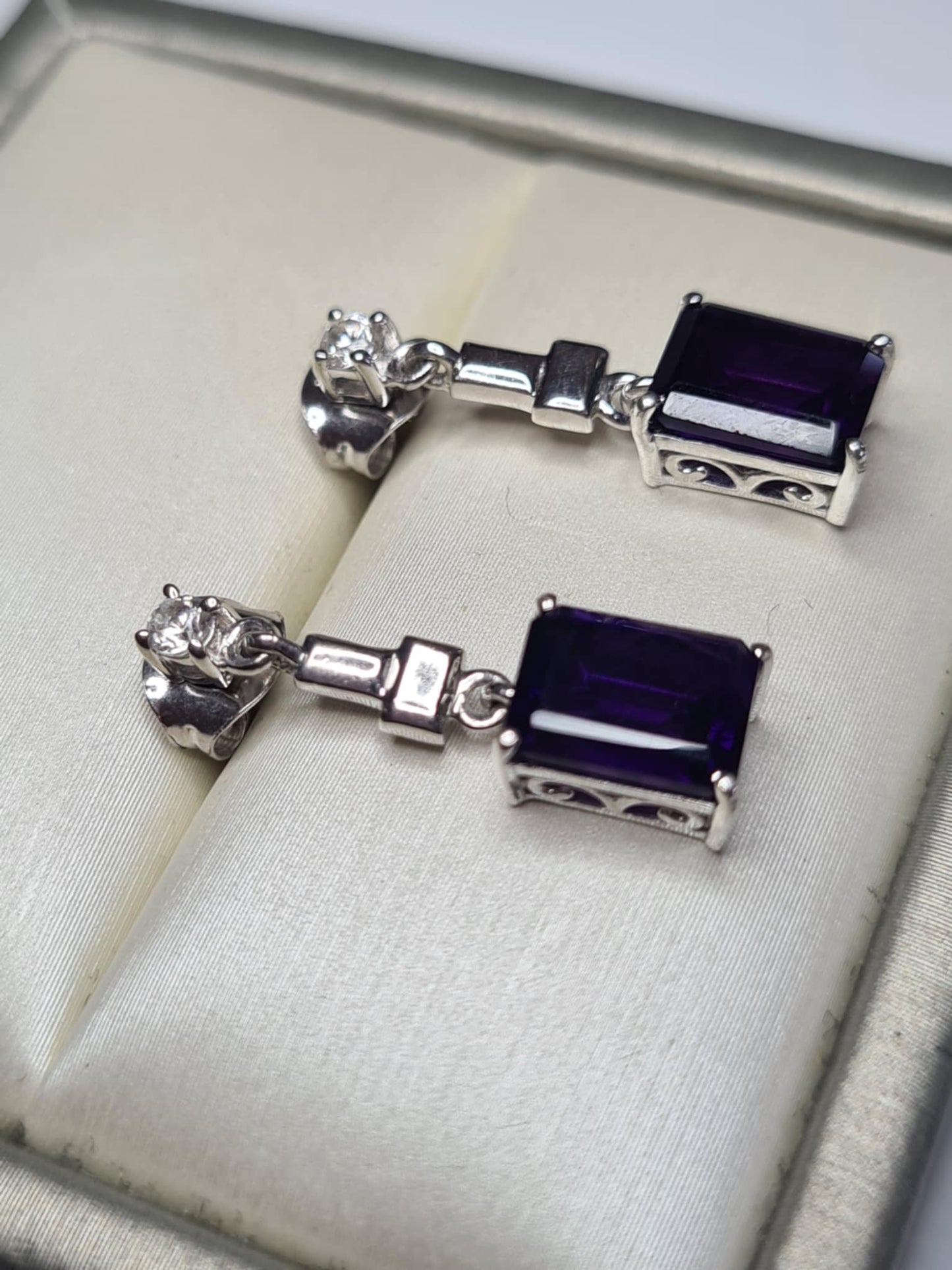 3.24ct AAA African Amethyst & White Zircon Dangling Earrings in Rhodium Overlay 925 Sterling Silver