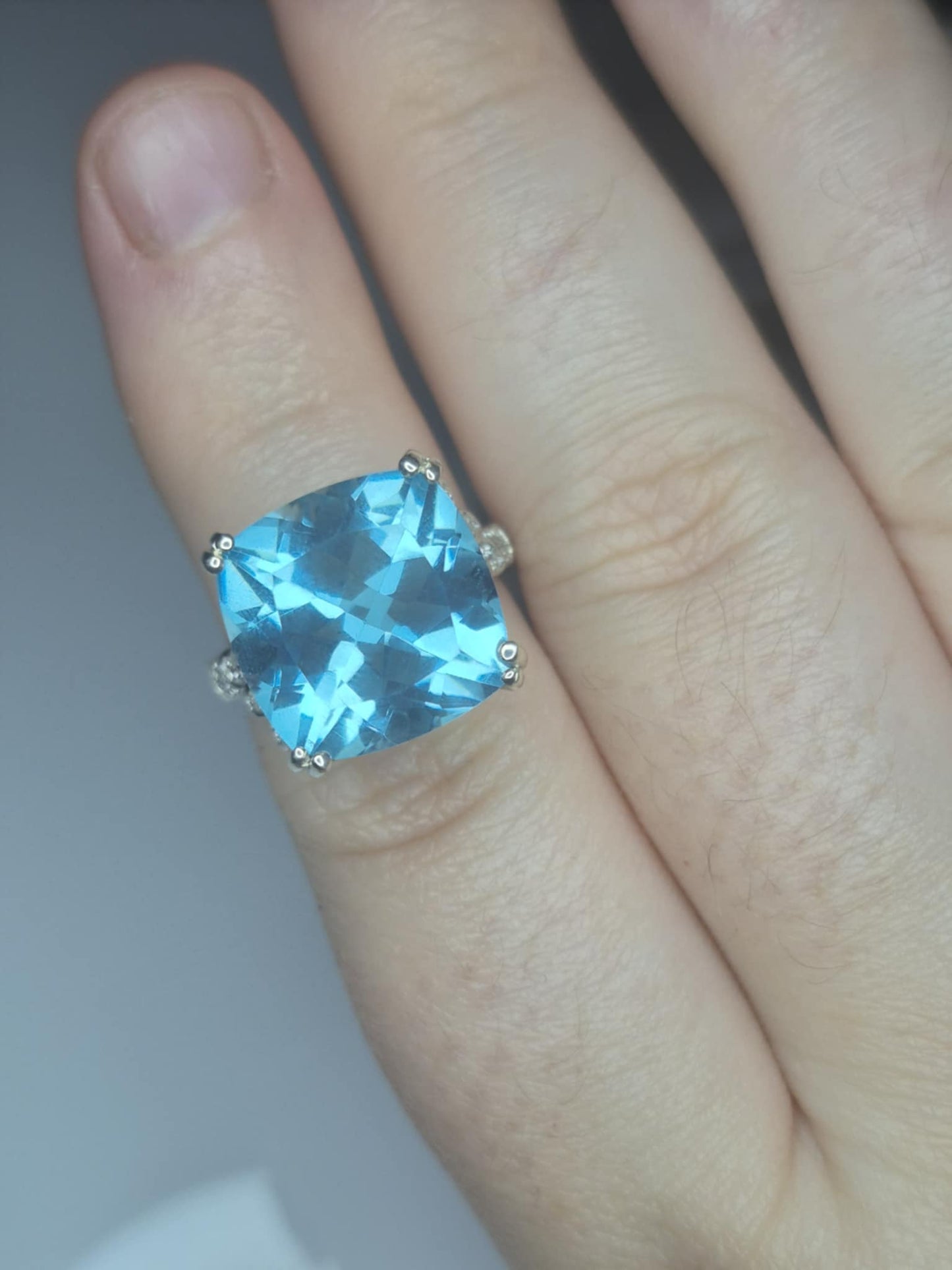 11.37ct Radiant Glacier Quartz & White Zircon Solitaire Ring in Rhodium Overlay 925 Sterling Silver SIZE L
