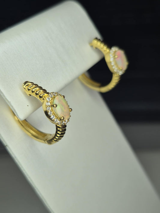 Ethiopian Opal & White Zircon Small Hoop Earrings in 18K Gold 925 Sterling Silver
