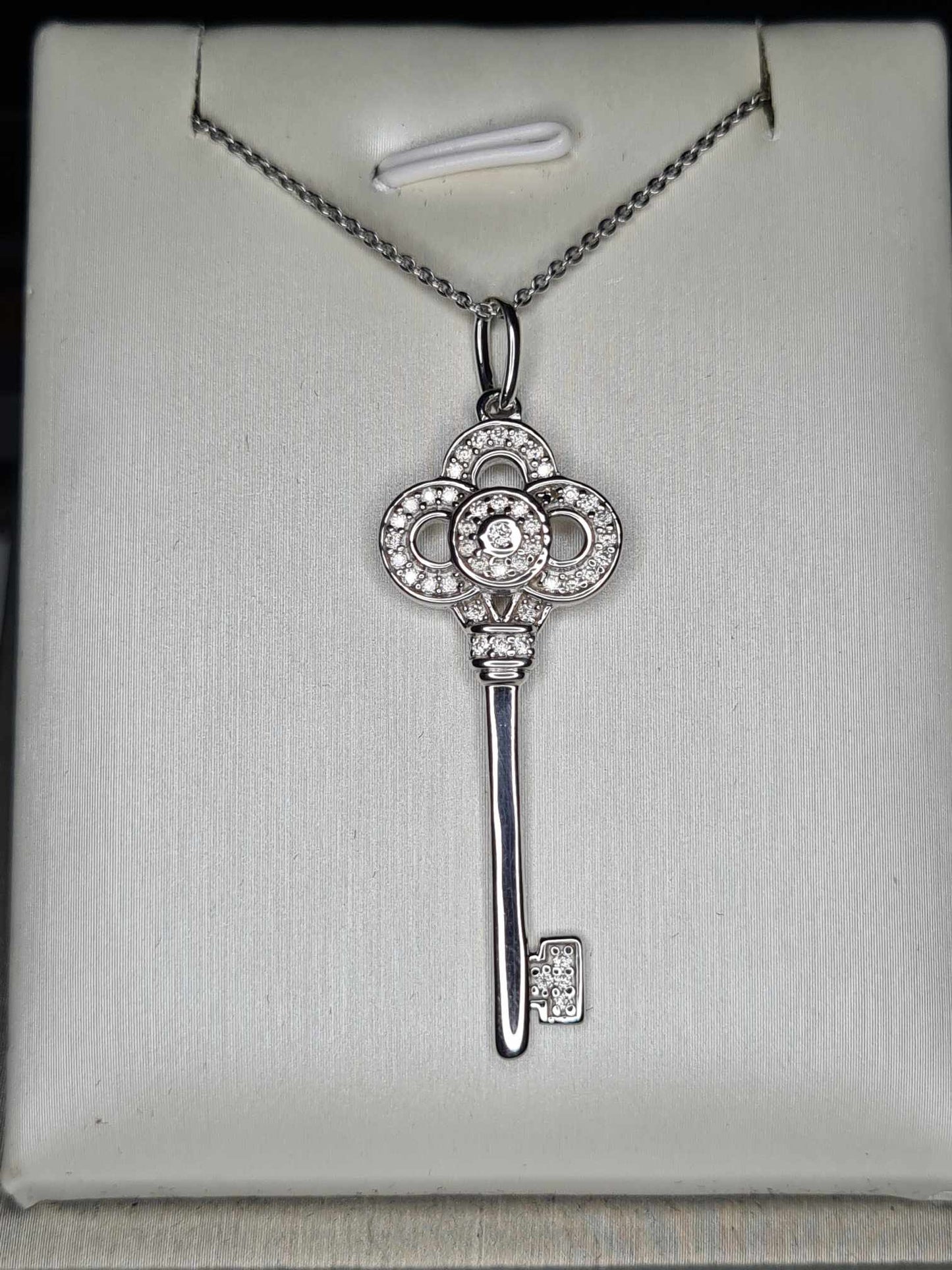 Moissanite Key Necklace Platinum Overlay 925 Sterling Silver