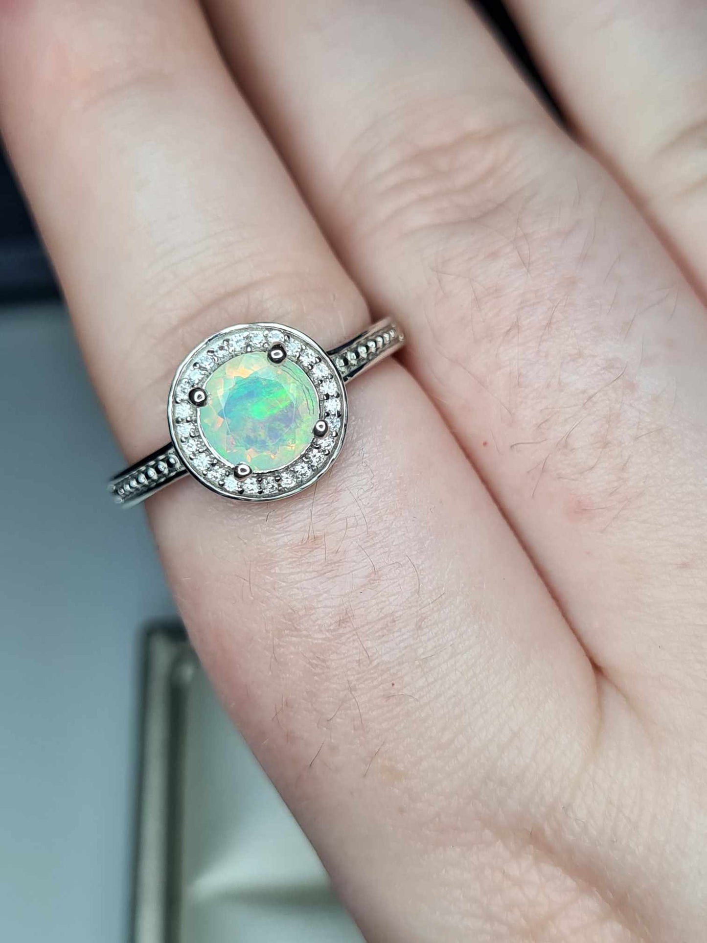 1ct Ethiopian Welo Opal & Natural Zircon Halo Ring in Platinum Overlay 925 Sterling Silver