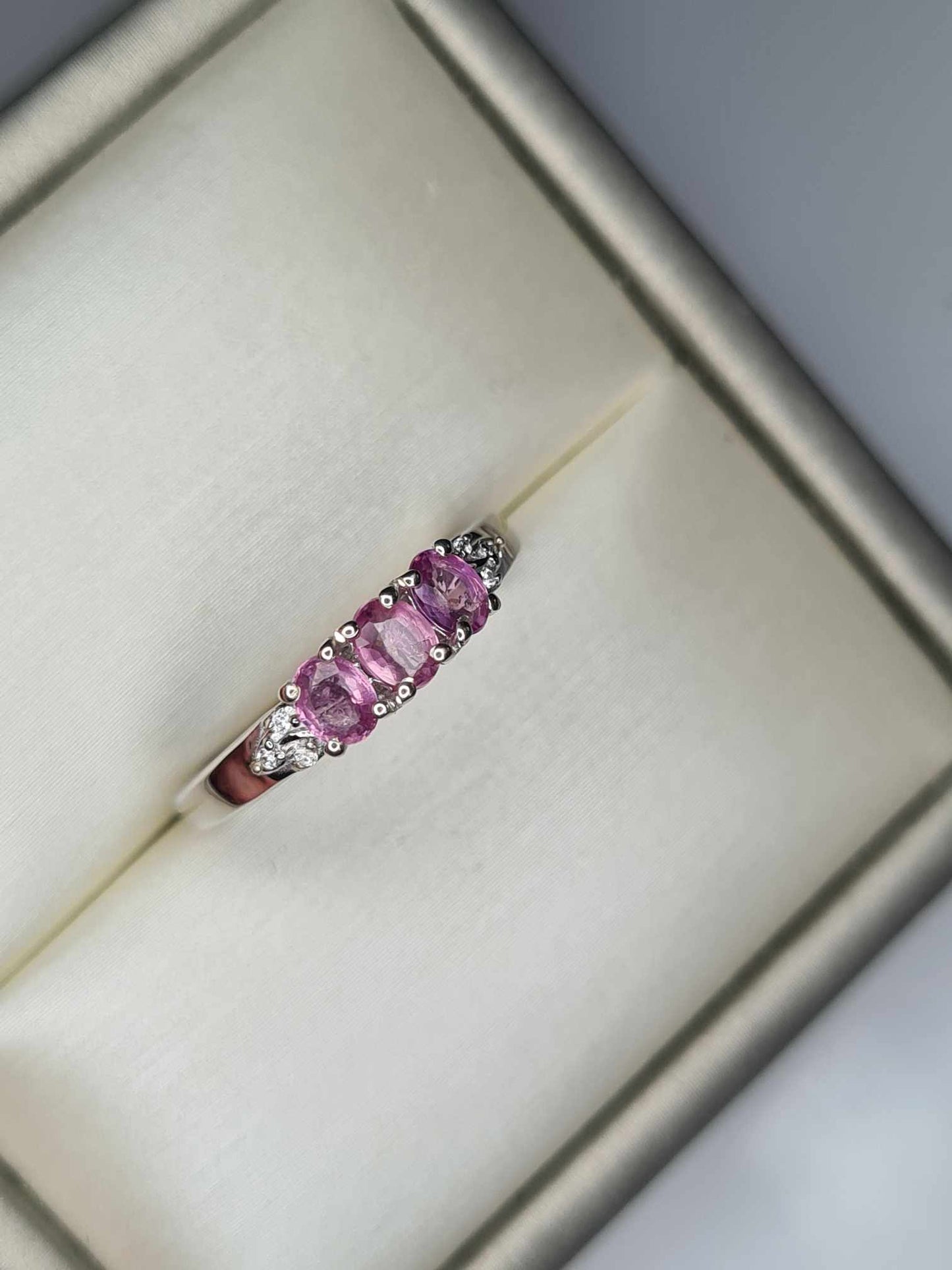 0.720ct Pink Sapphire and White Zircon Trilogy Ring in Rhodium 925 Sterling Silver SIZE K