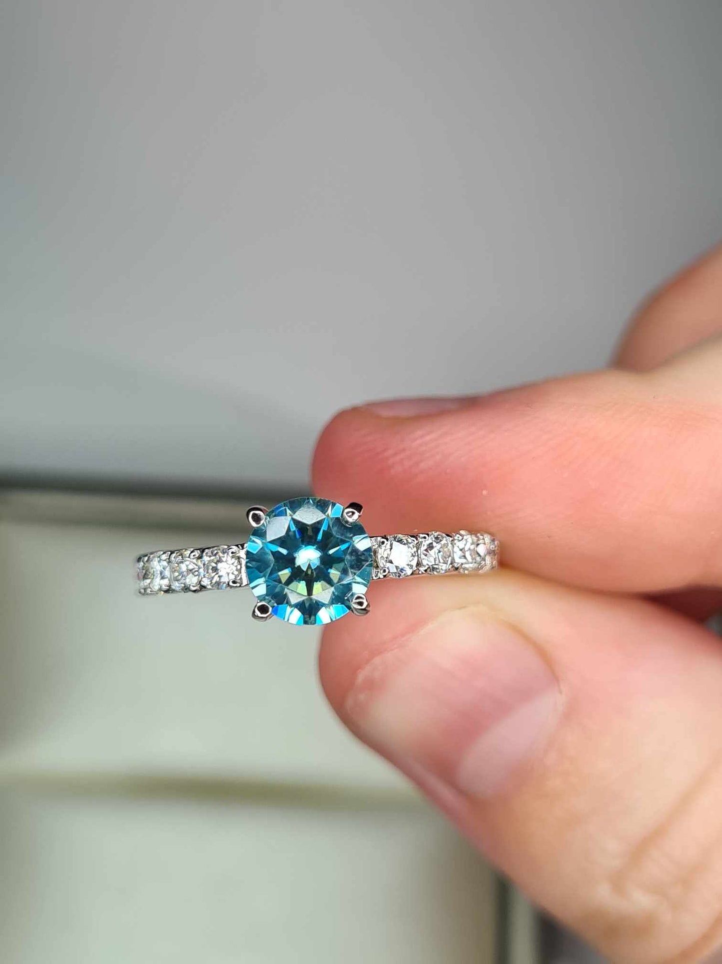 1.41ct light Blue Moissanite Engagement Ring in Rhodium Overlay 925 Sterling Silver SIZE K