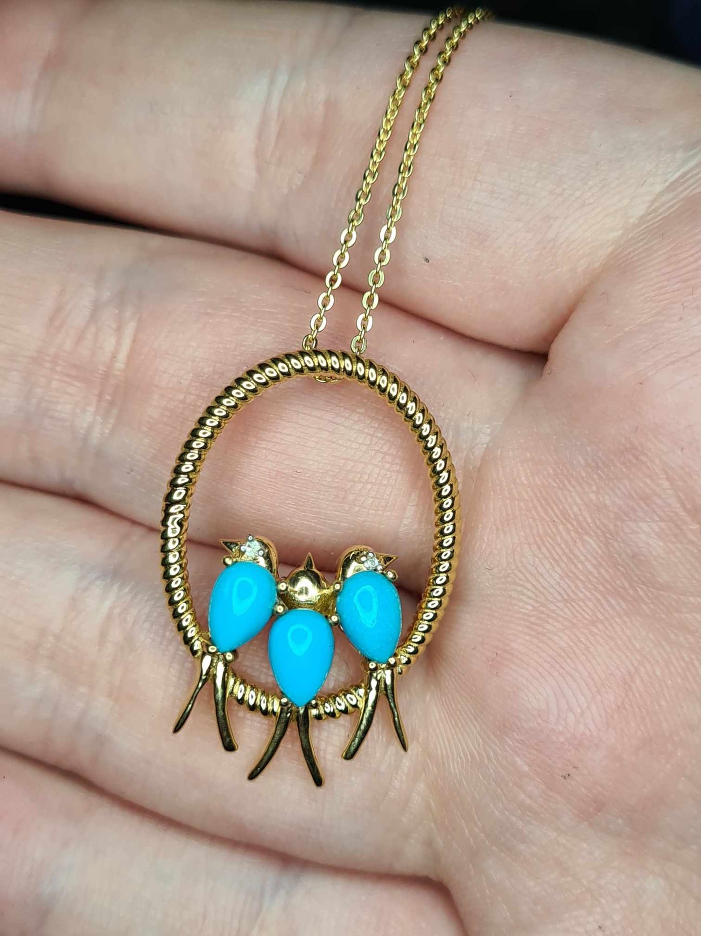 1.23 Ct Bird Arizona Sleeping Beauty Turquoise & Zircon Necklace 18k gold overlay 925 sterling silver