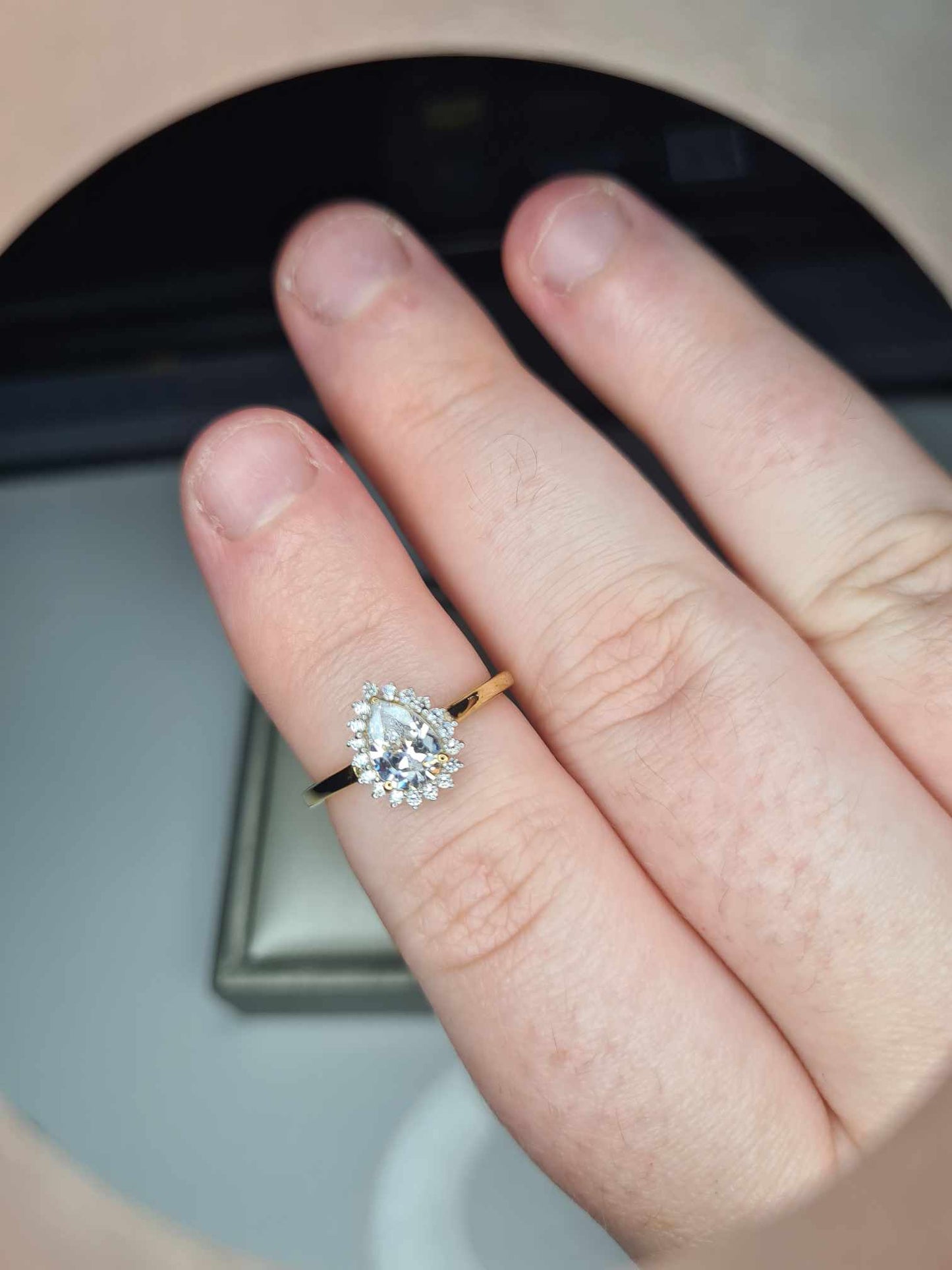 1.280ct Cubic Zirconia Pear Cut Halo Ring 18k gold overlay 925 sterling silver SIZE L