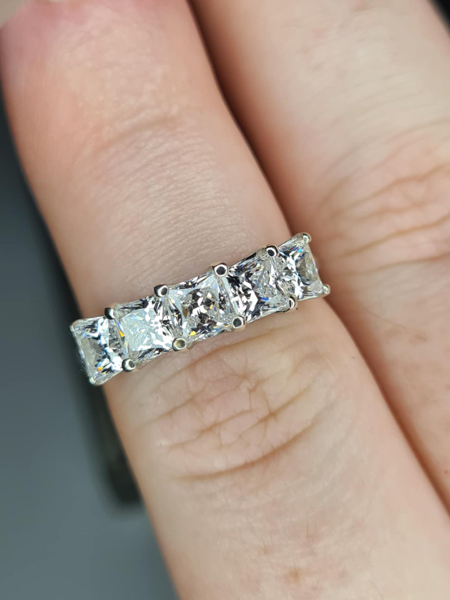 3.26ct Swarovski Zirconia 5 Stone Square cut Ring in Rhodium Overlay 925 Sterling Silver