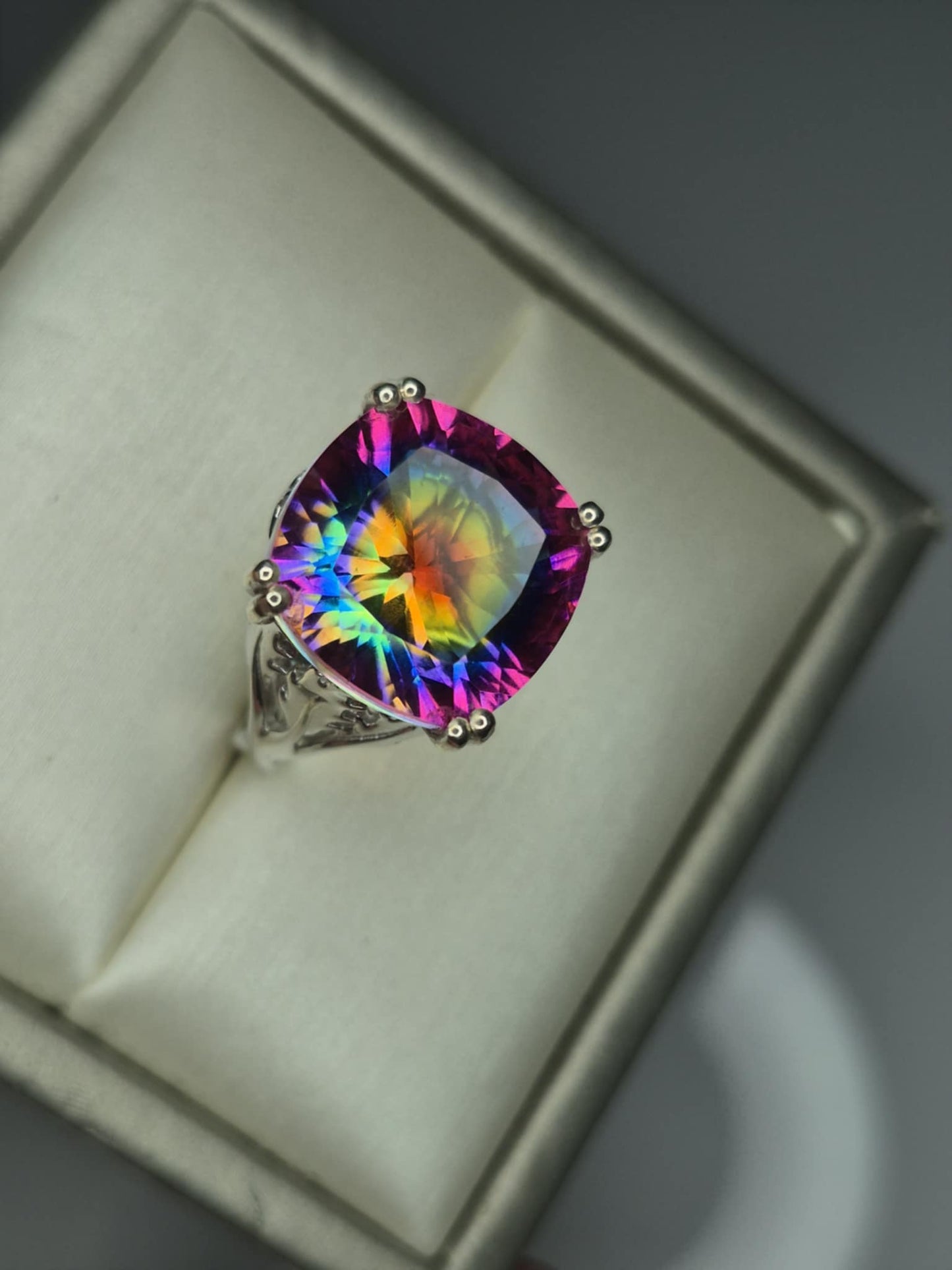 11.06ct Nebula Quartz Doublet Solitaire Ring in Rhodium Overlay 925 Sterling Silver