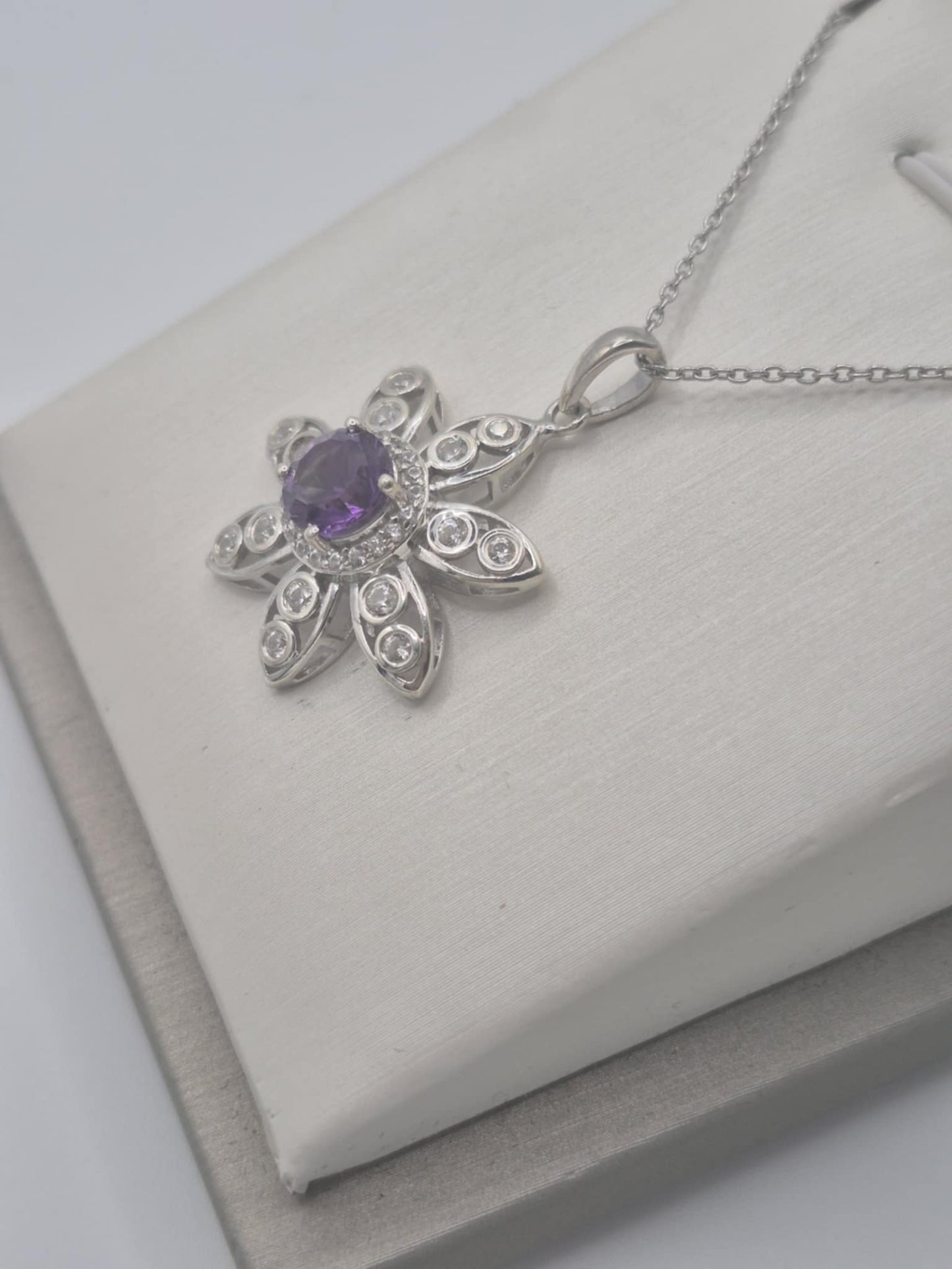 2.220ct. Flower Amethyst & White Zircon Necklace in Rhodium Overlay 925 Sterling Silver
