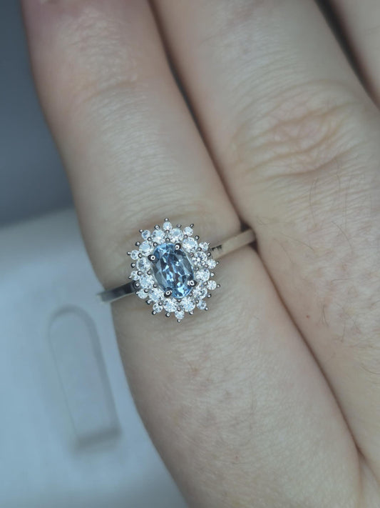 Santamaria Aquamarine & White Zircon Halo Ring in Rhodium Overlay 925 Sterling Silver SIZE O