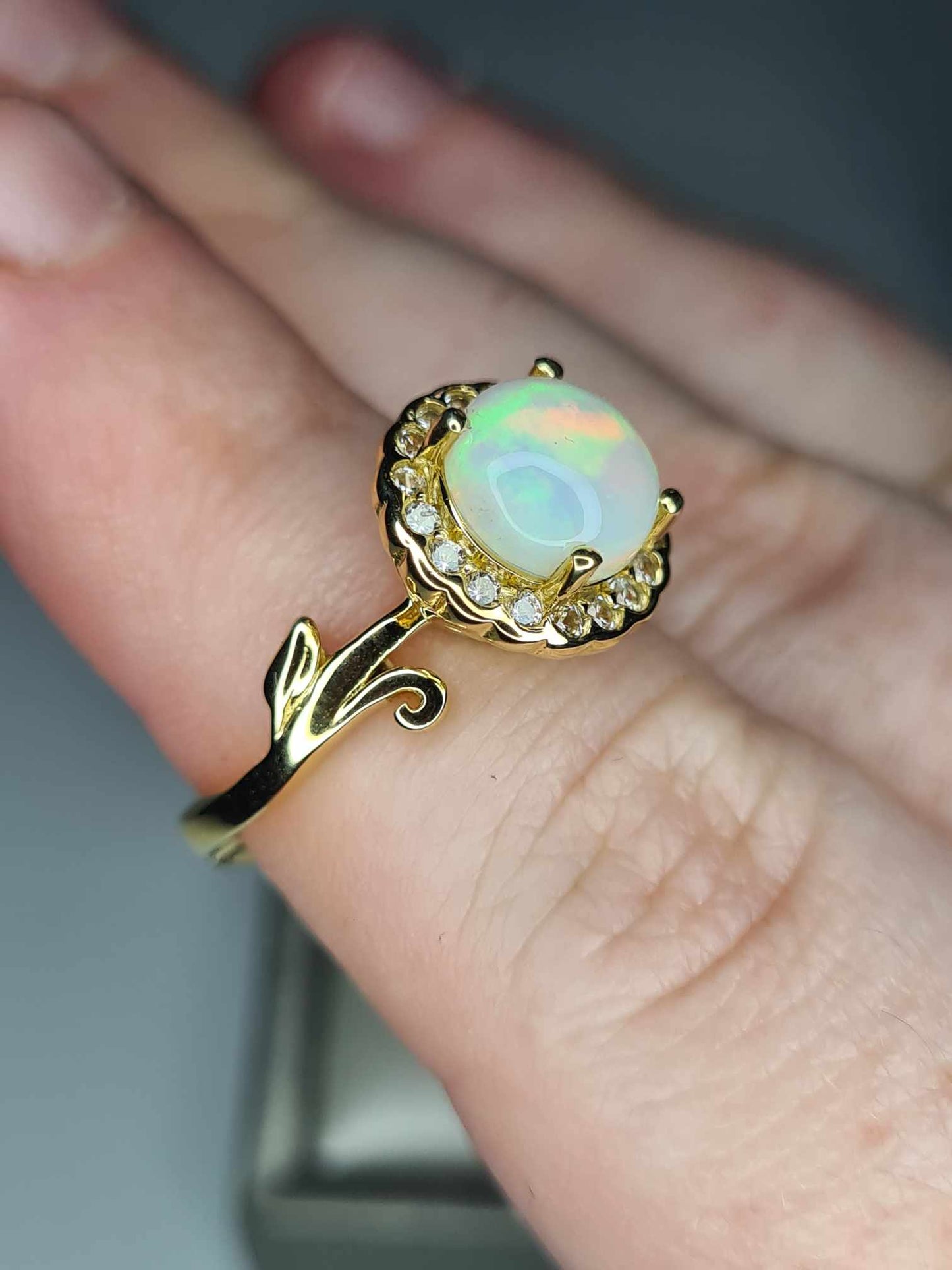 1.68ct Ethiopian Welo Opal, Natural Zircon Halo Ring in 18K Yellow Gold Overlay 925 Sterling Silver SIZE L