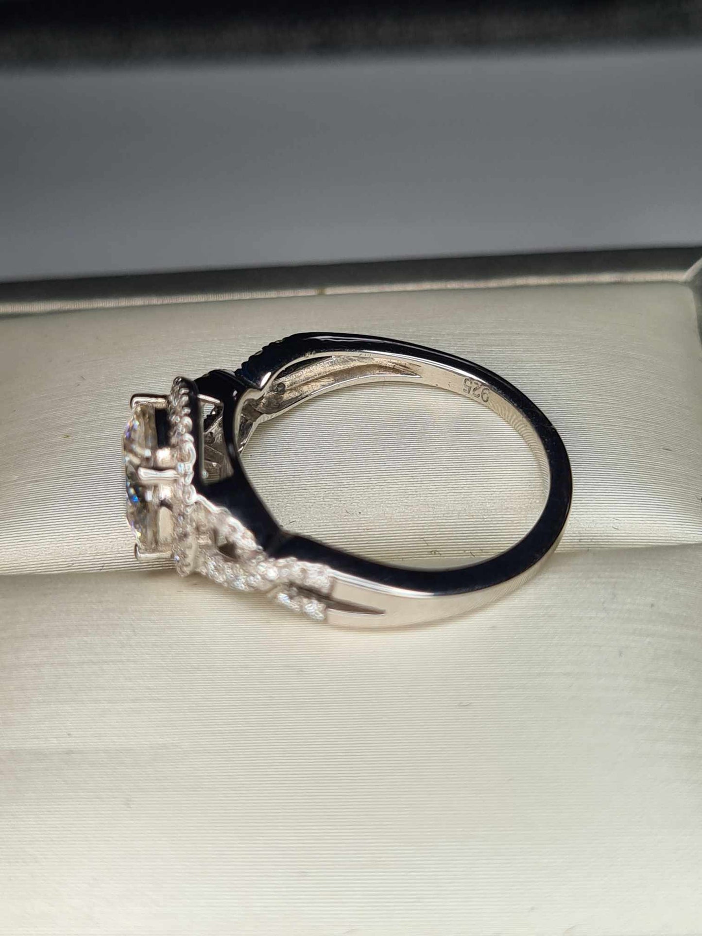 2.11ct Moissanite Halo Ring 925 Sterling Silver with platinum overlay SIZE O