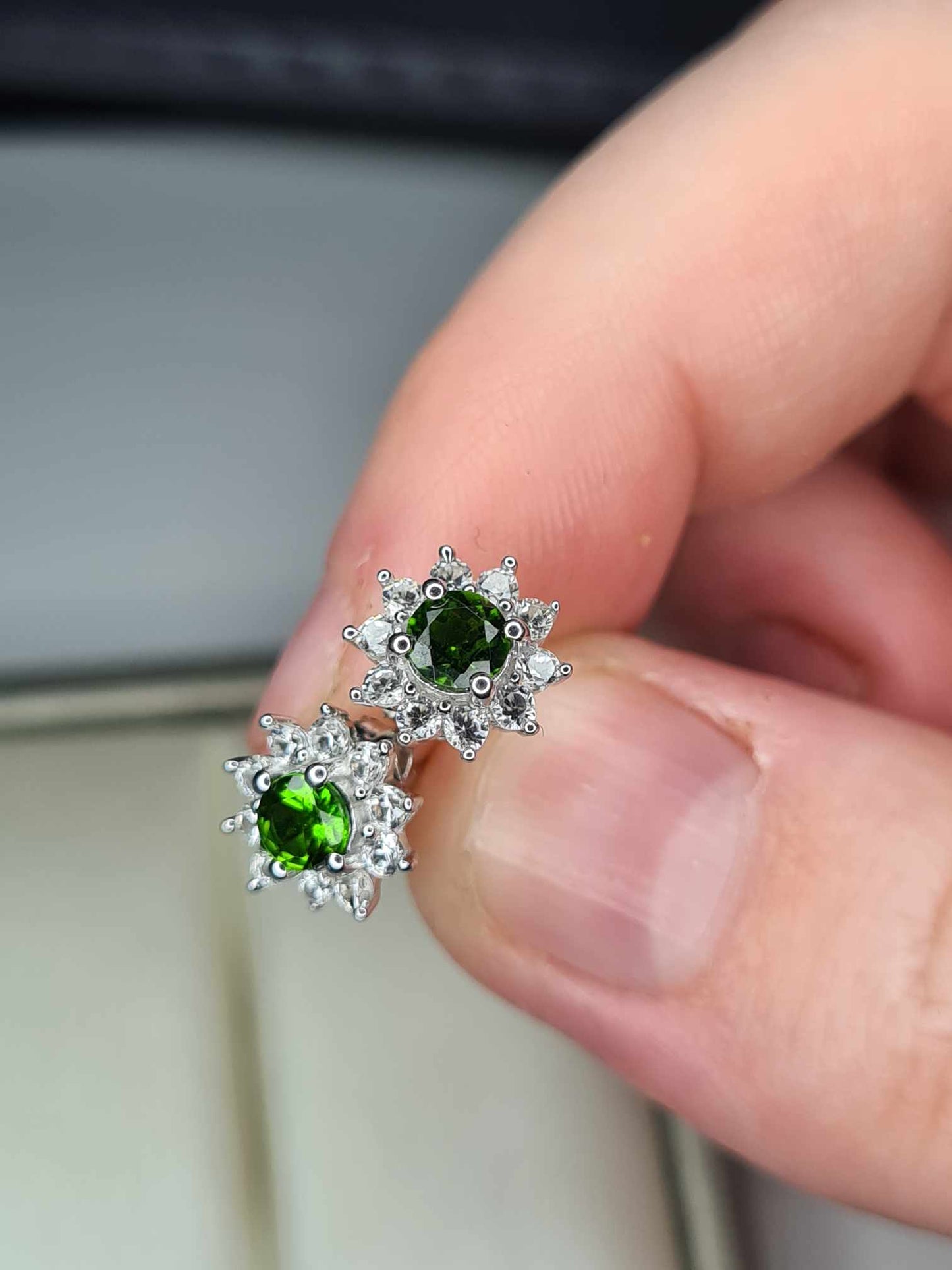 1ct Russian Diopside and natural zircon Halo Stud Earrings 925 Sterling