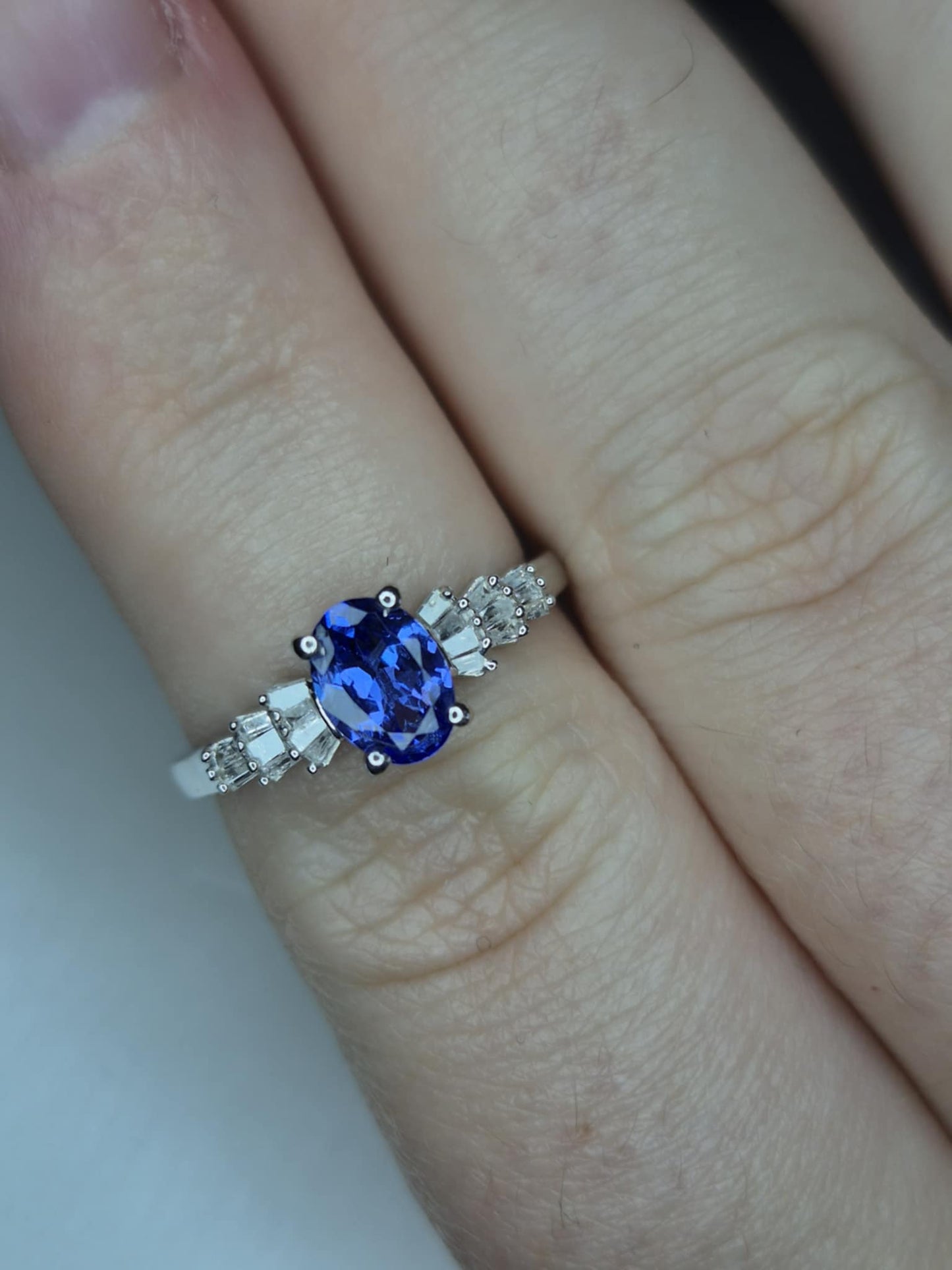 Tanzanite & White Diamond Ballerina Ring Rhodium Overlay 925 Sterling Silver SIZE M