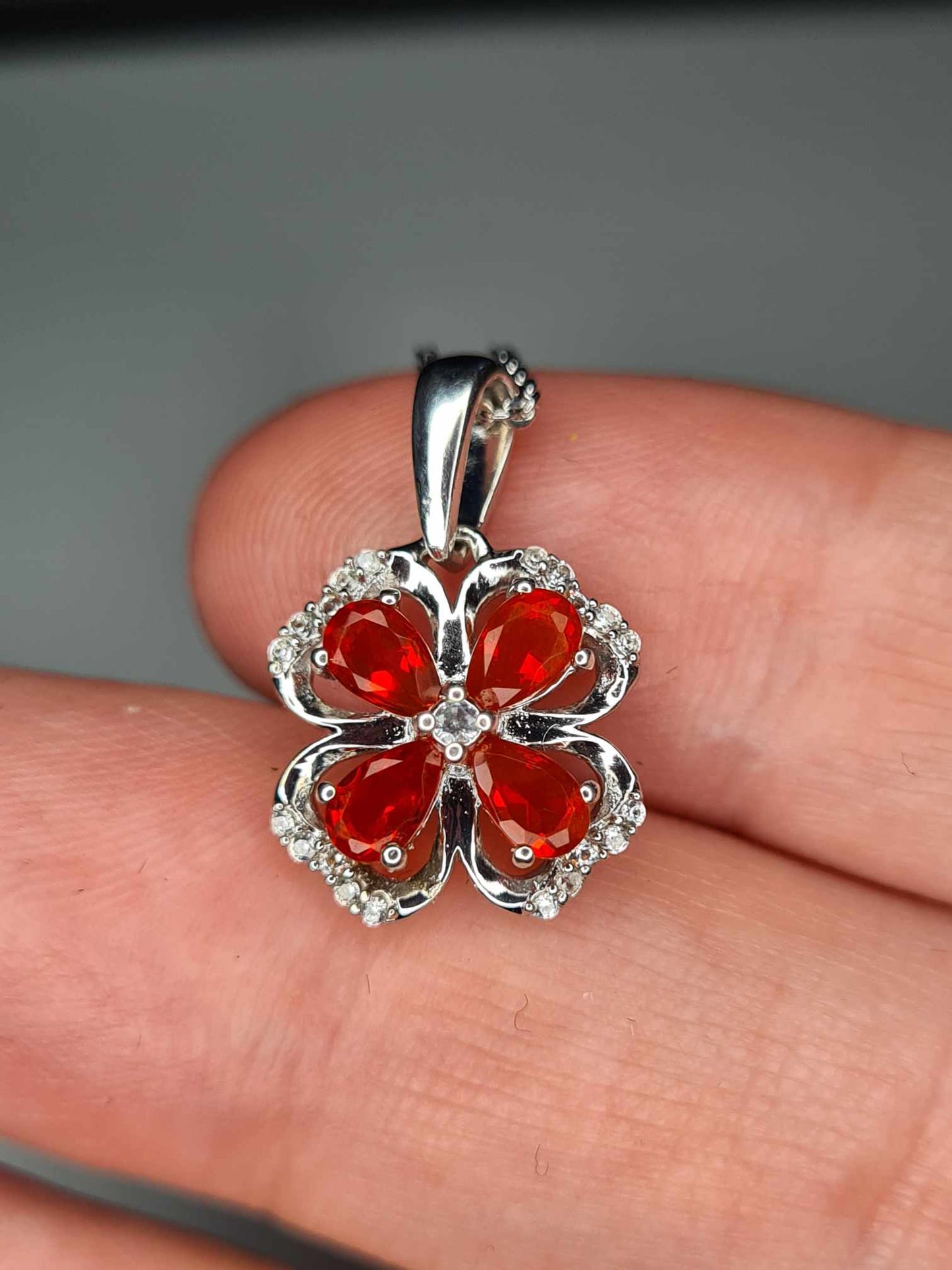 0.790ct. Fire Opal & Natural Zircon Clover Necklace in Platinum Overlay 925 Sterling Silver