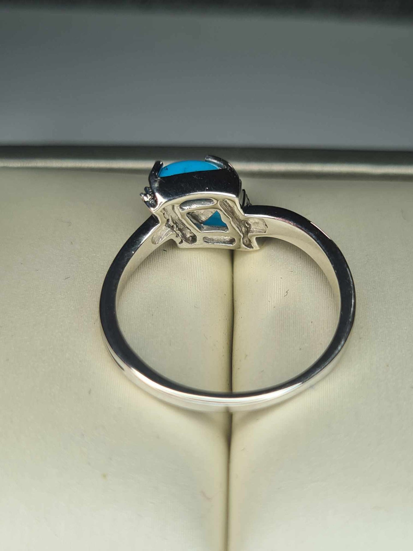 1.17 Ct. Arizona Sleeping Beauty Turquoise Triangle Ring in Platinum Overlay 925 Sterling Silver SIZE P