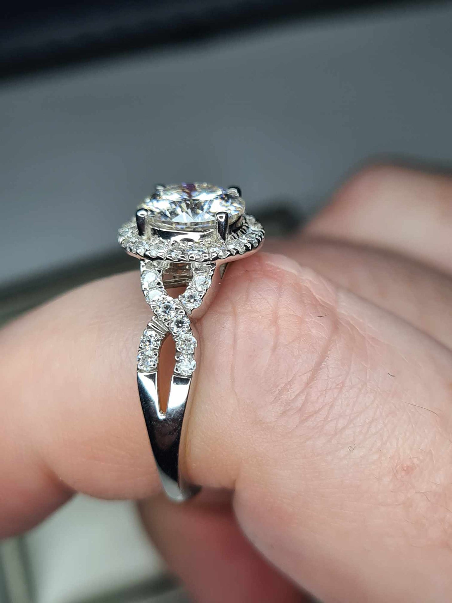 2.11ct Moissanite Halo Ring 925 Sterling Silver with platinum overlay SIZE O