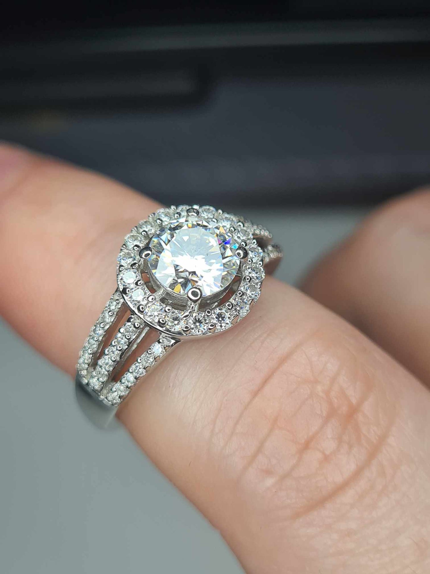 1.42ct Moissanite Halo Ring in Platinum Overlay 925 Sterling Silver SIZE L