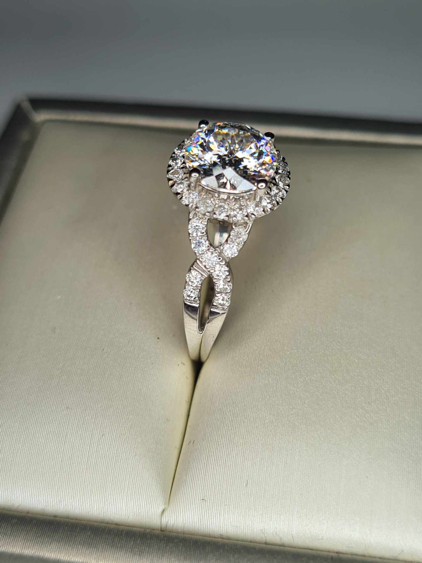 2.11ct Moissanite Halo Ring 925 Sterling Silver with platinum overlay SIZE O