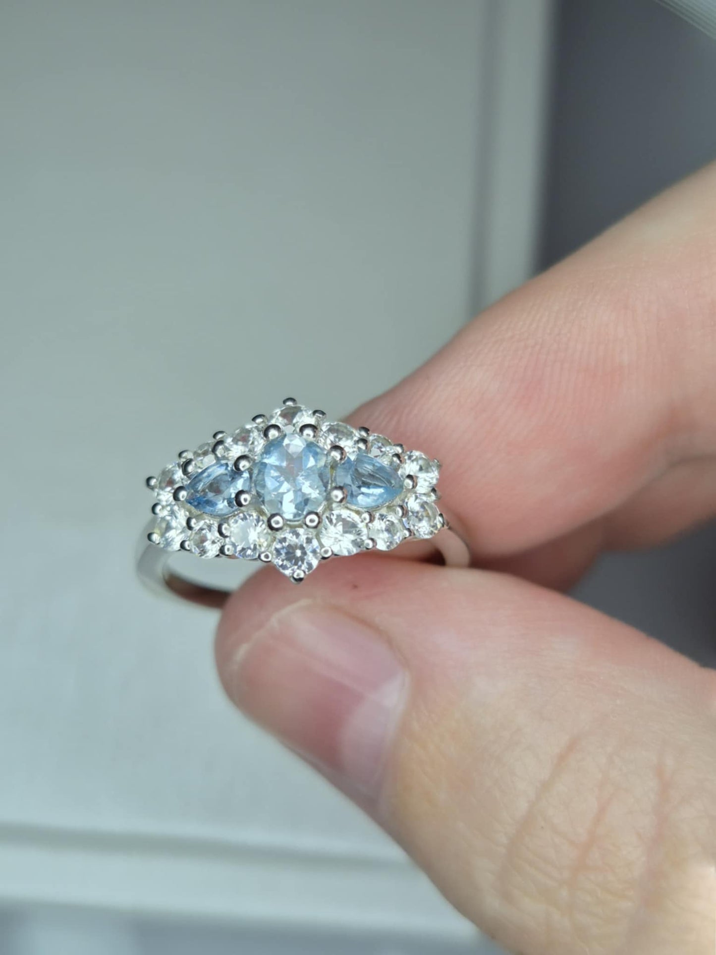 Santamaria Aquamarine & Zircon Boat Ring in Rhodium Overlay 925 Sterling Silver SIZE M