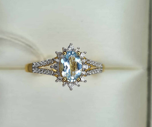 1.10ct Santo Aquamarine & Natural Zircon Ring in 18K Gold Overlay 925 Sterling Silver SIZE R