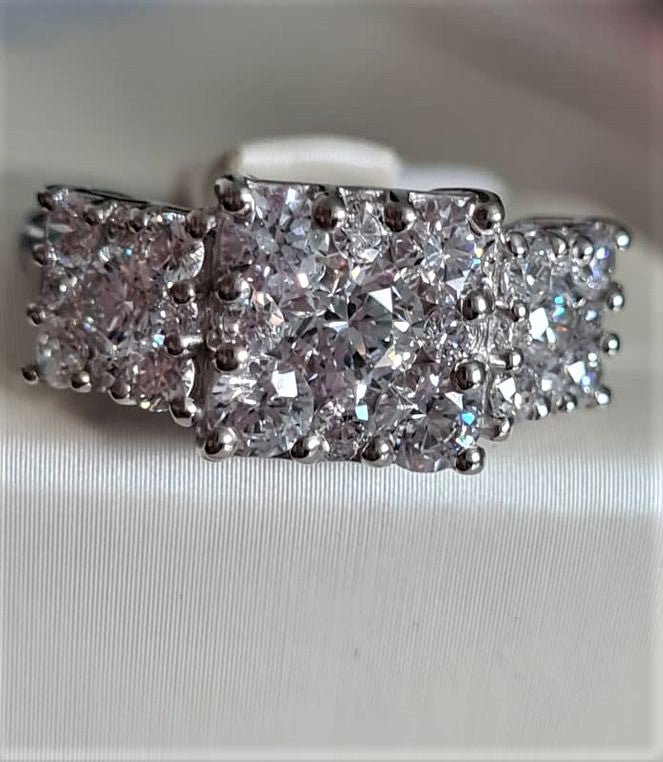 Swarovski Zirconia 3 Row Cluster Ring Sterling Silver SIZE O