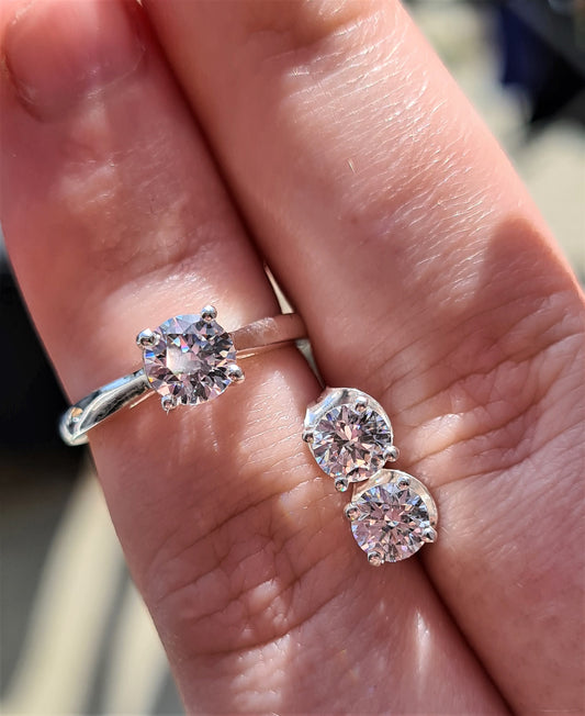 2 Piece Set -Swarovski Zirconia 925 Sterling Silver Solitaire Ring and Stud Earrings SIZES O,S