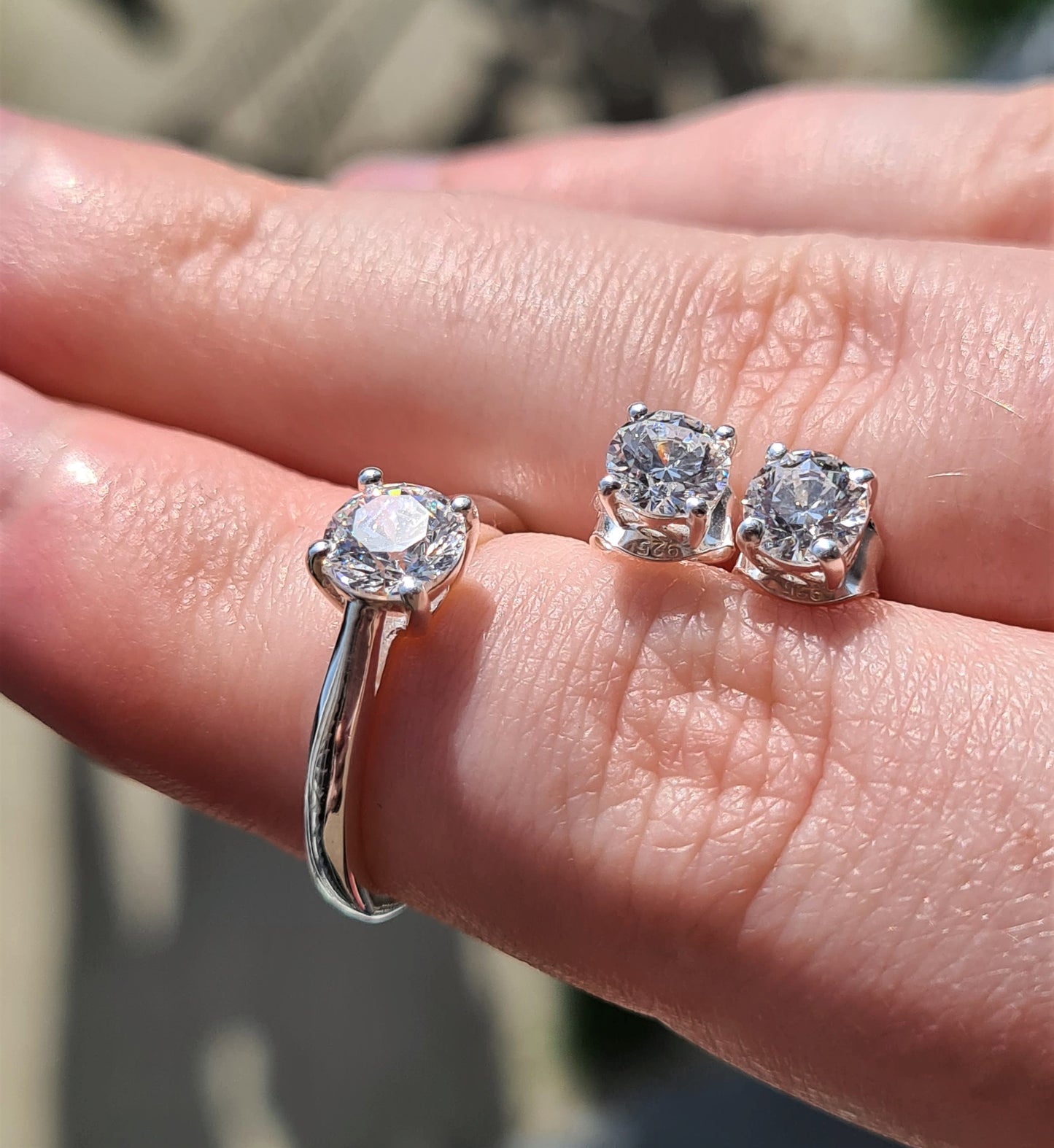 2 Piece Set -Swarovski Zirconia 925 Sterling Silver Solitaire Ring and Stud Earrings SIZES O,S