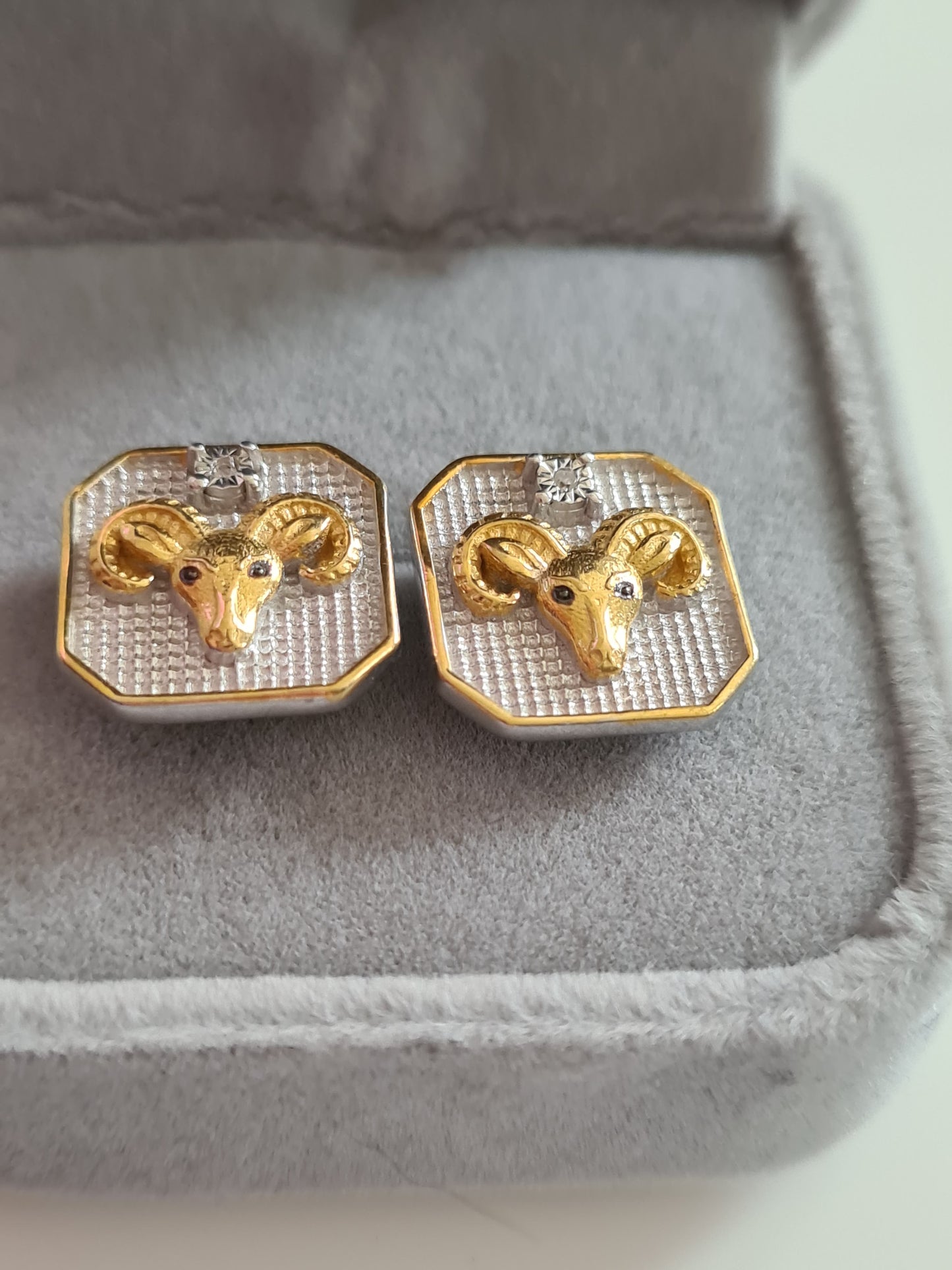 Aries Zodiac White Diamond Stud Earrings 925 Sterling Silver & 9K Gold Overlay