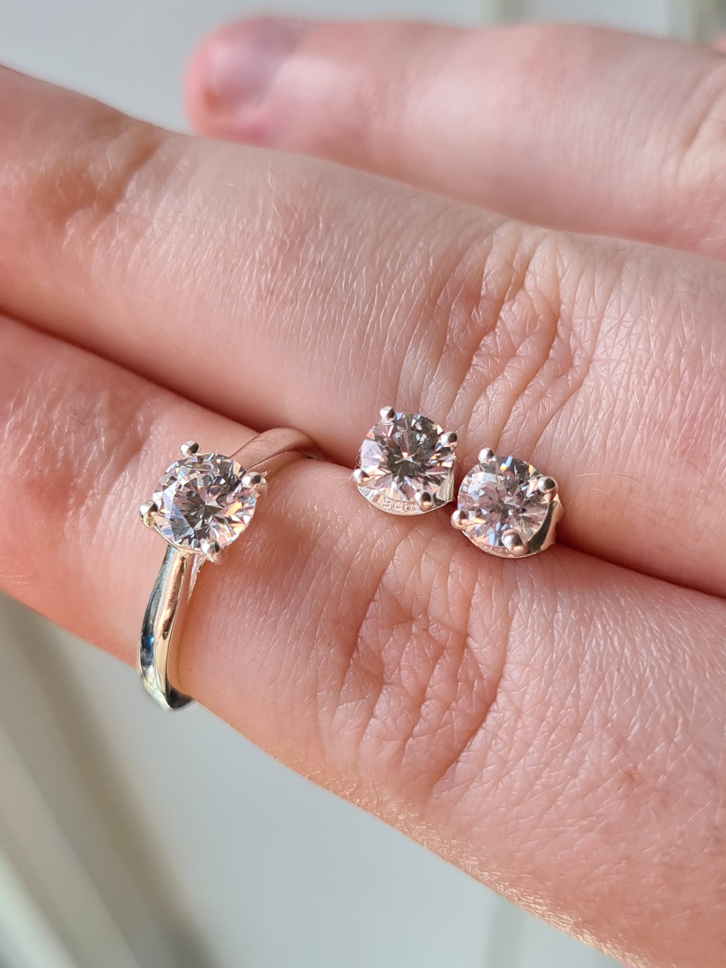 2 Piece Set -Swarovski Zirconia 925 Sterling Silver Solitaire Ring and Stud Earrings SIZES O,S