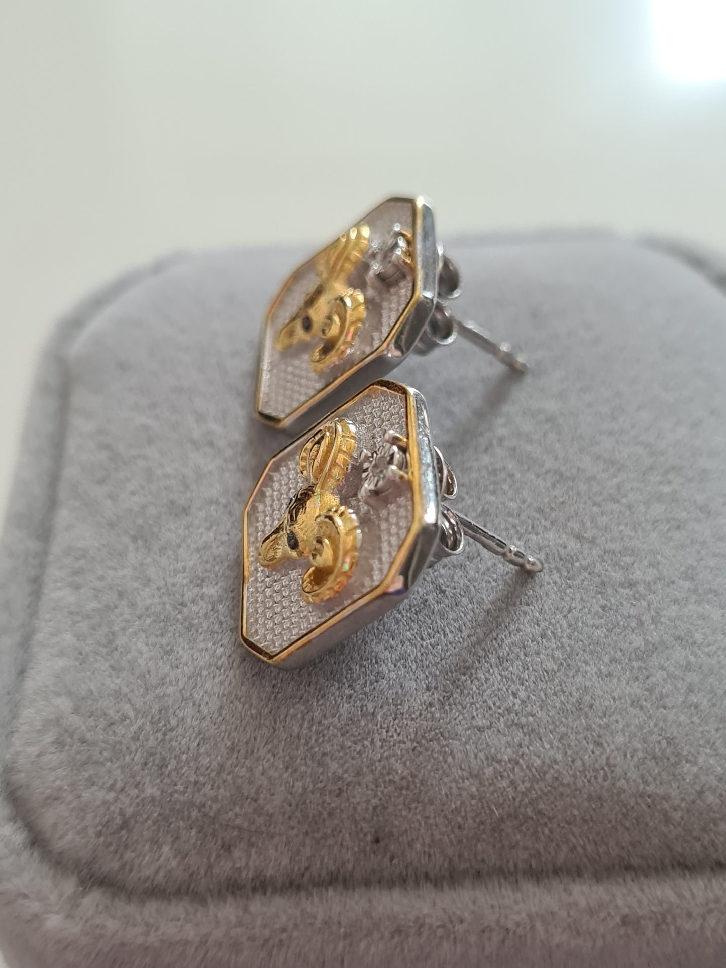 Aries Zodiac White Diamond Stud Earrings 925 Sterling Silver & 9K Gold Overlay