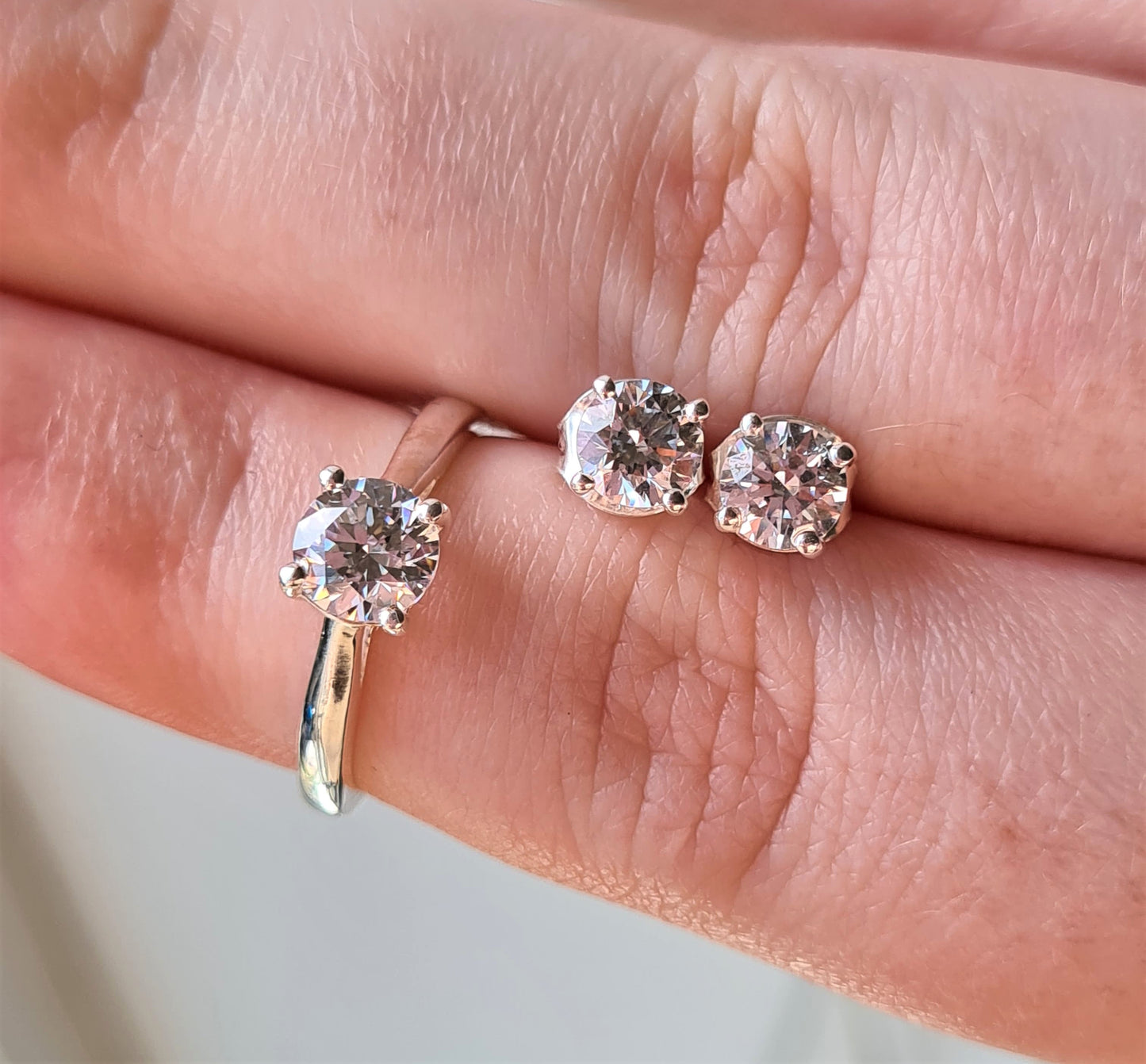 2 Piece Set -Swarovski Zirconia 925 Sterling Silver Solitaire Ring and Stud Earrings SIZES O,S