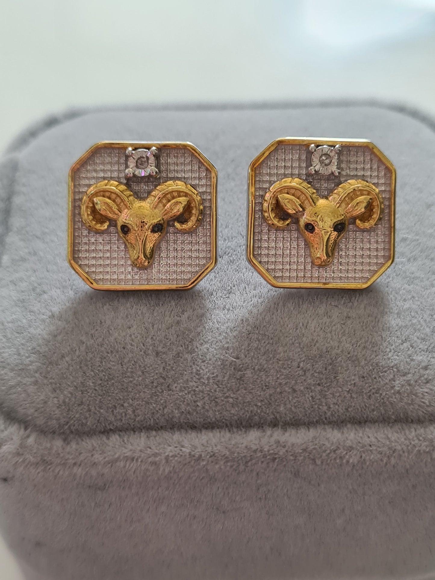 Aries Zodiac White Diamond Stud Earrings 925 Sterling Silver & 9K Gold Overlay