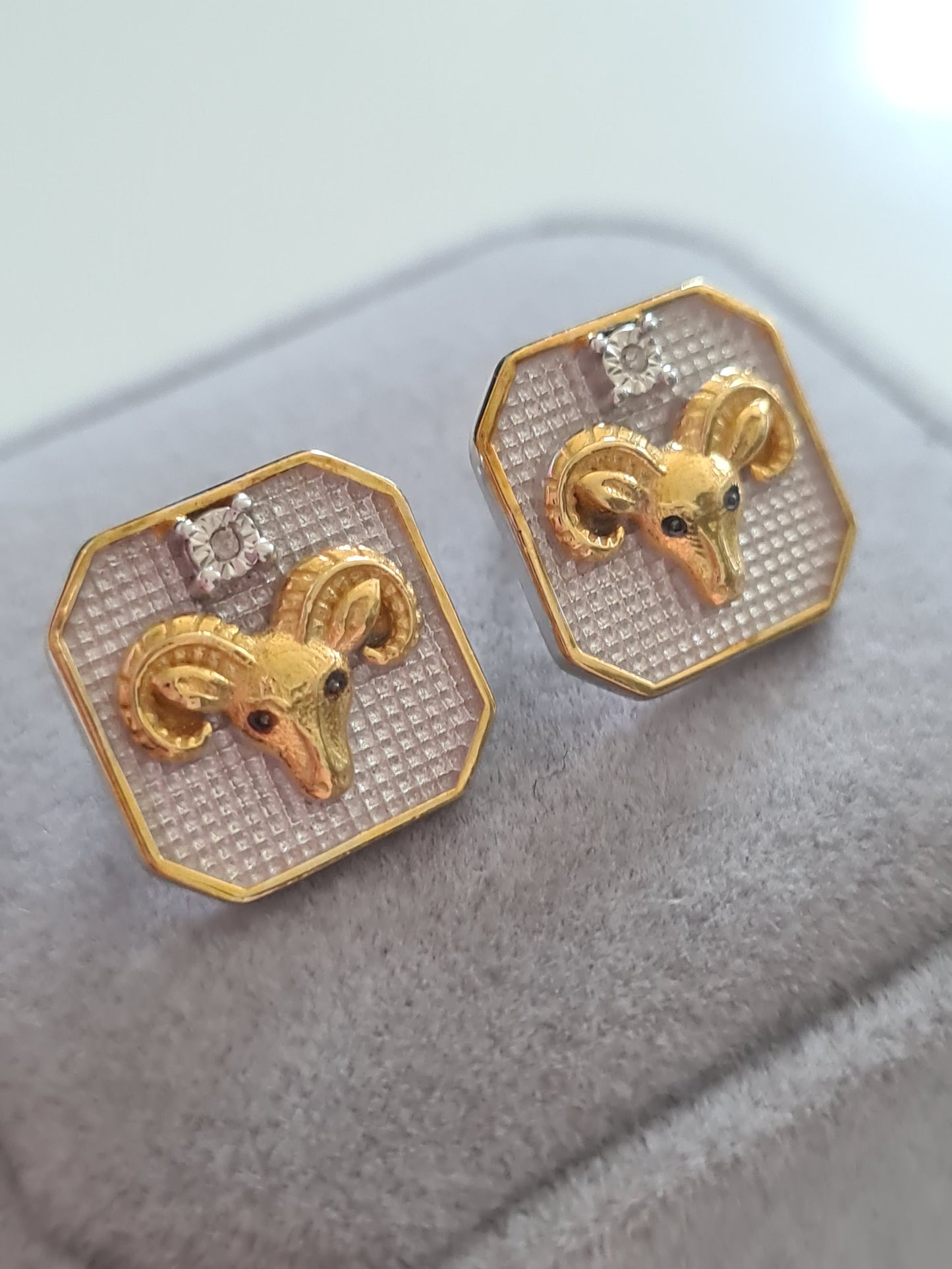 Aries Zodiac White Diamond Stud Earrings 925 Sterling Silver & 9K Gold Overlay