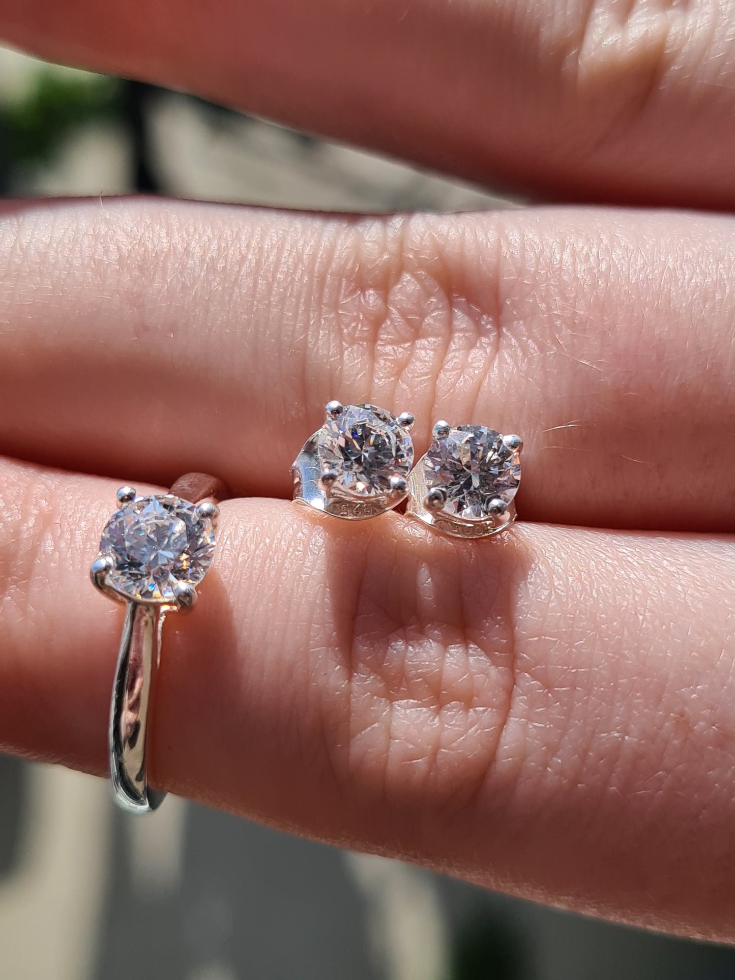 2 Piece Set -Swarovski Zirconia 925 Sterling Silver Solitaire Ring and Stud Earrings SIZES O,S