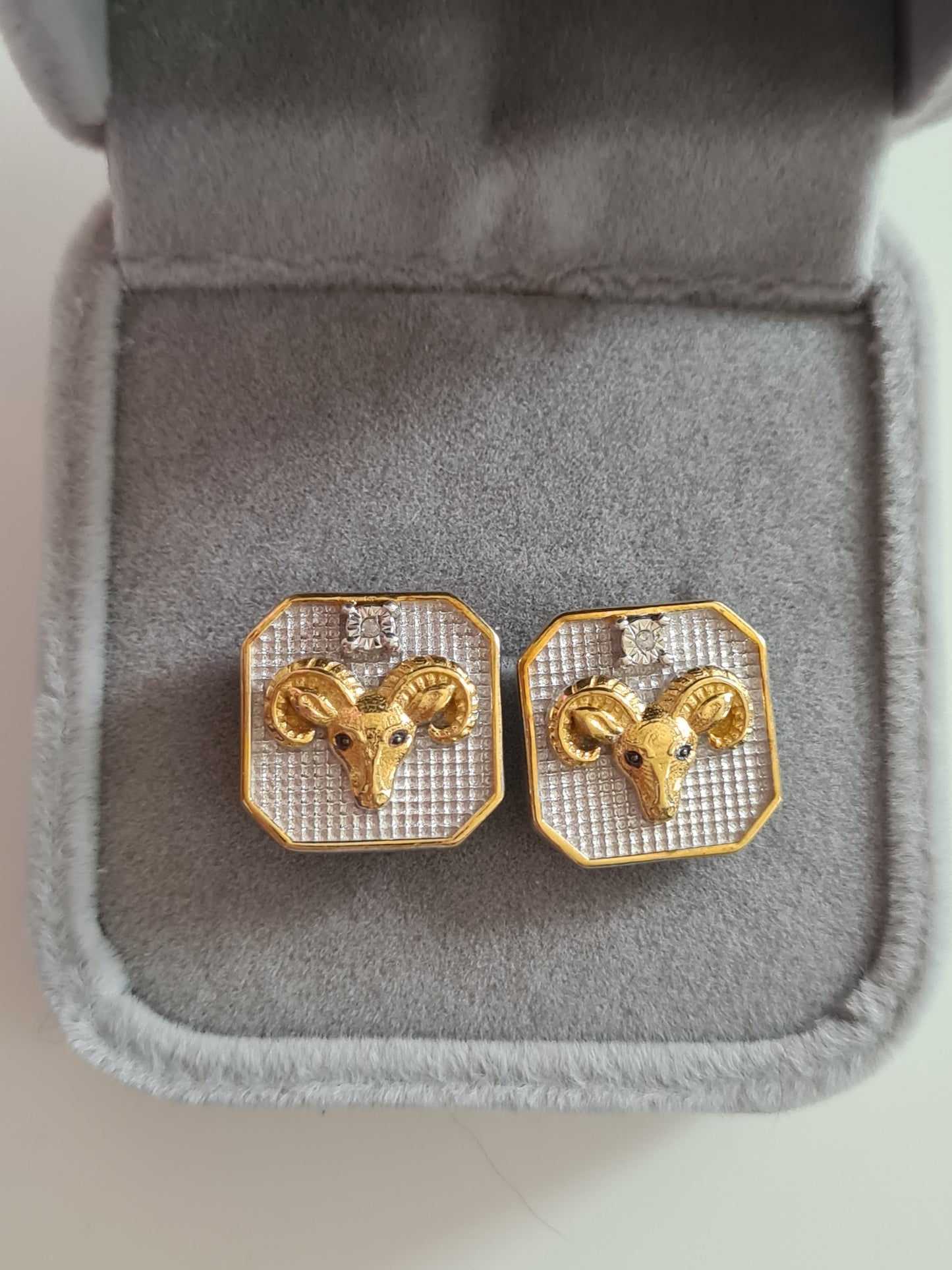 Aries Zodiac White Diamond Stud Earrings 925 Sterling Silver & 9K Gold Overlay