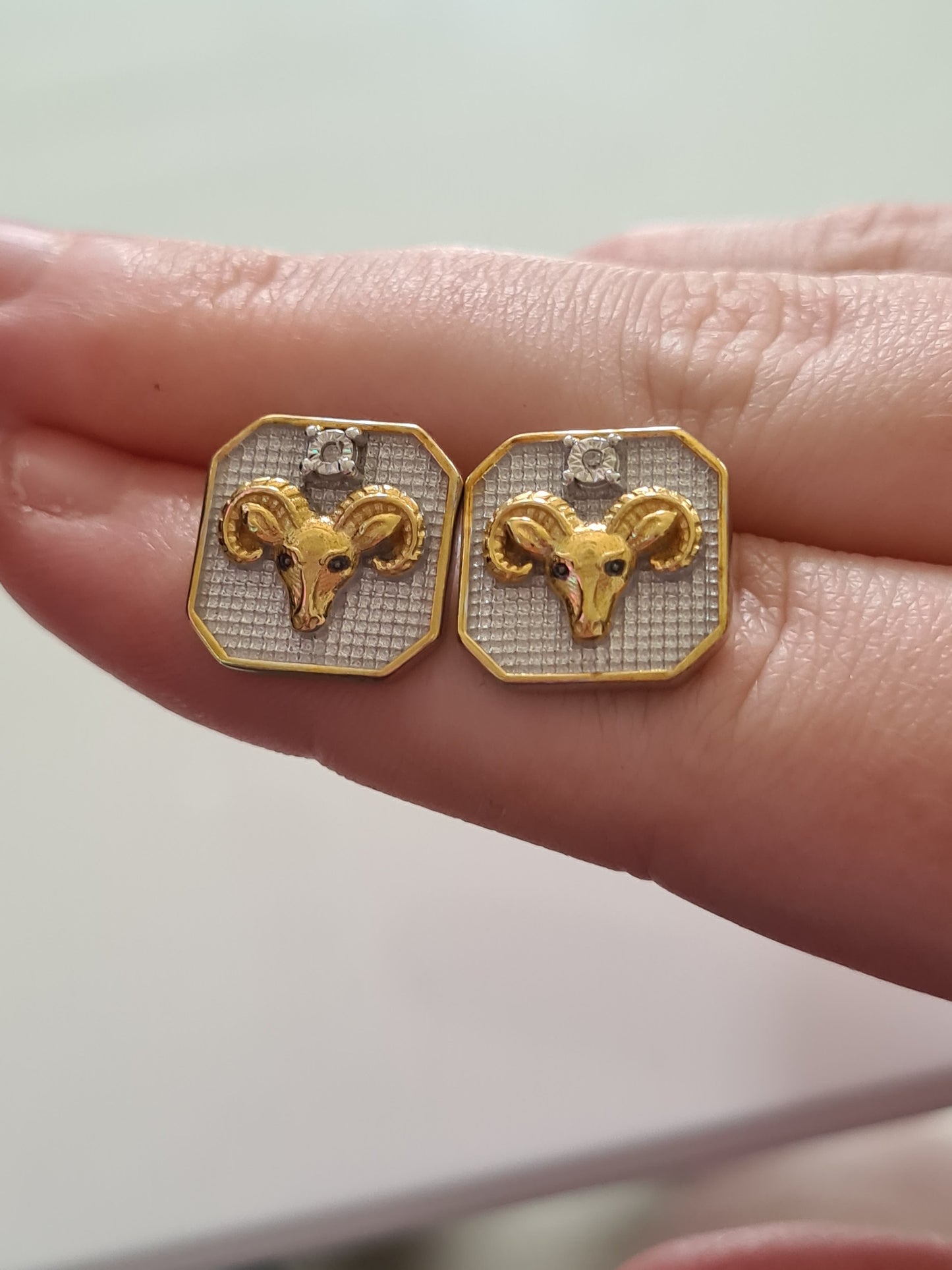 Aries Zodiac White Diamond Stud Earrings 925 Sterling Silver & 9K Gold Overlay