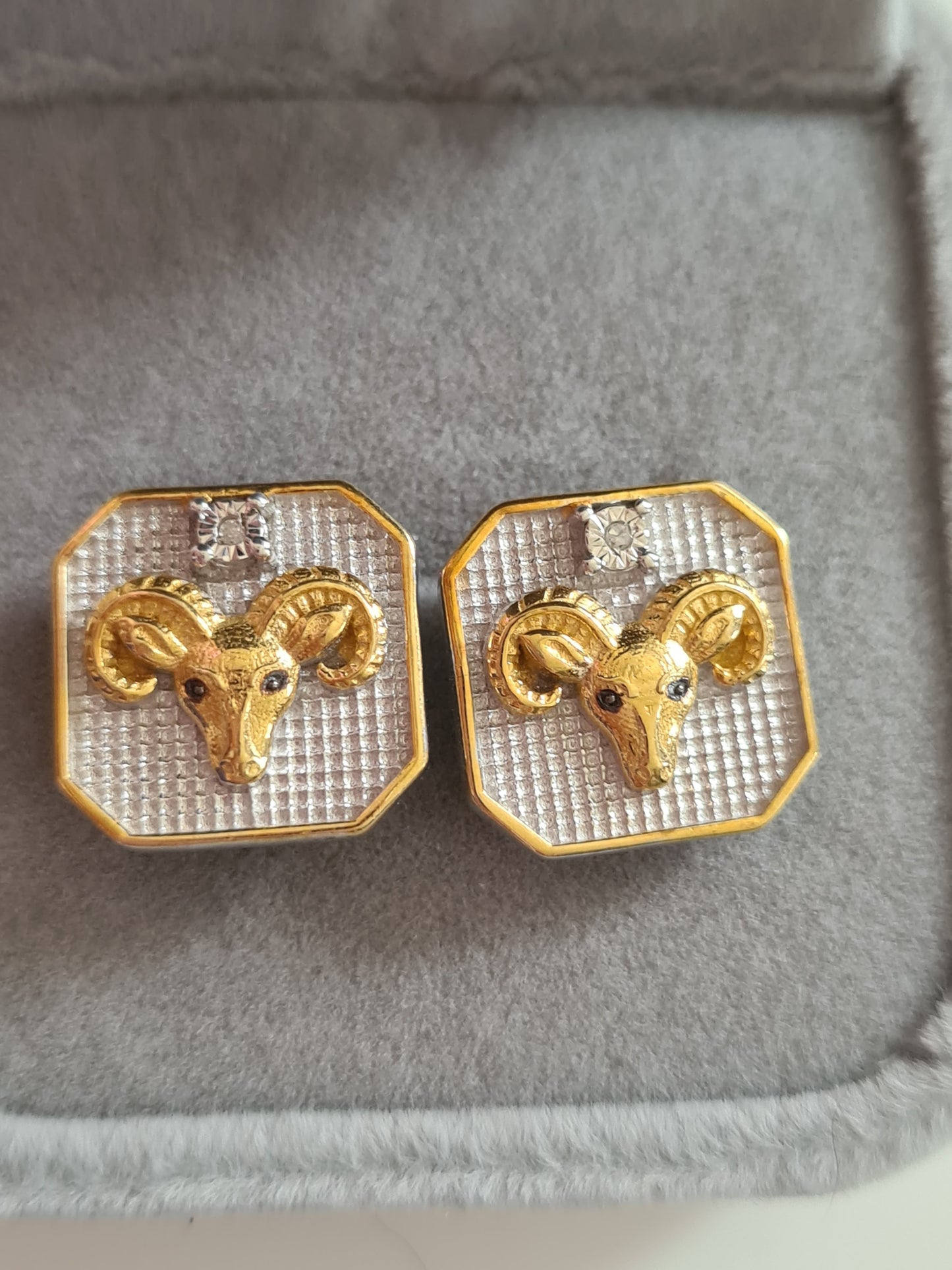 Aries Zodiac White Diamond Stud Earrings 925 Sterling Silver & 9K Gold Overlay