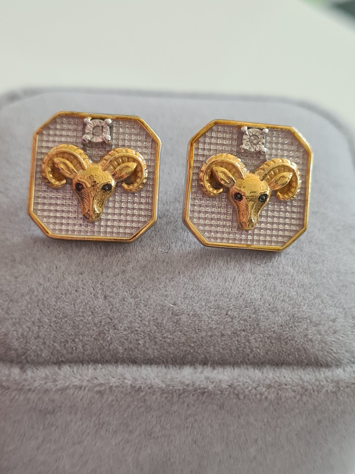 Aries Zodiac White Diamond Stud Earrings 925 Sterling Silver & 9K Gold Overlay