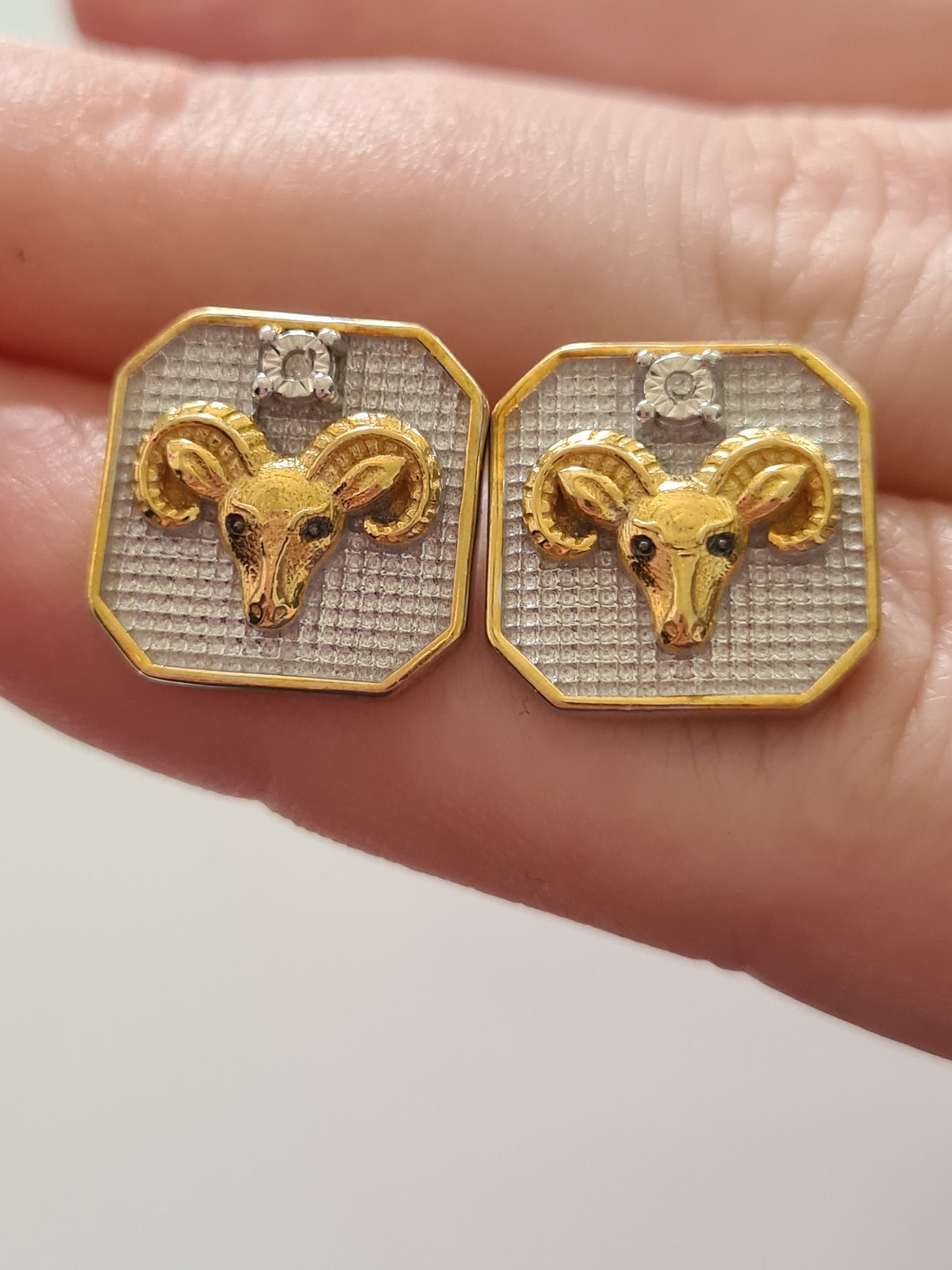 Aries Zodiac White Diamond Stud Earrings 925 Sterling Silver & 9K Gold Overlay