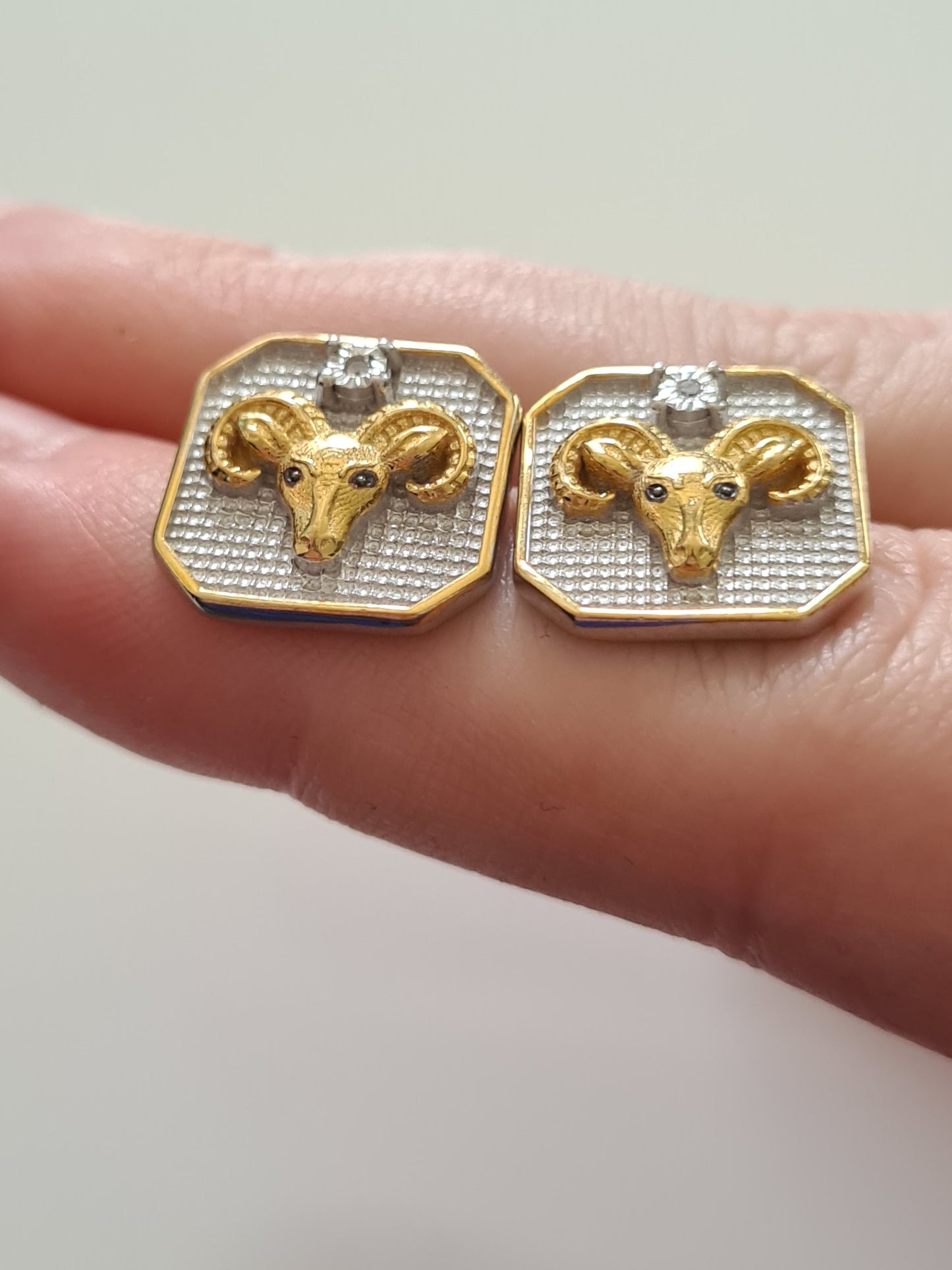 Aries Zodiac White Diamond Stud Earrings 925 Sterling Silver & 9K Gold Overlay