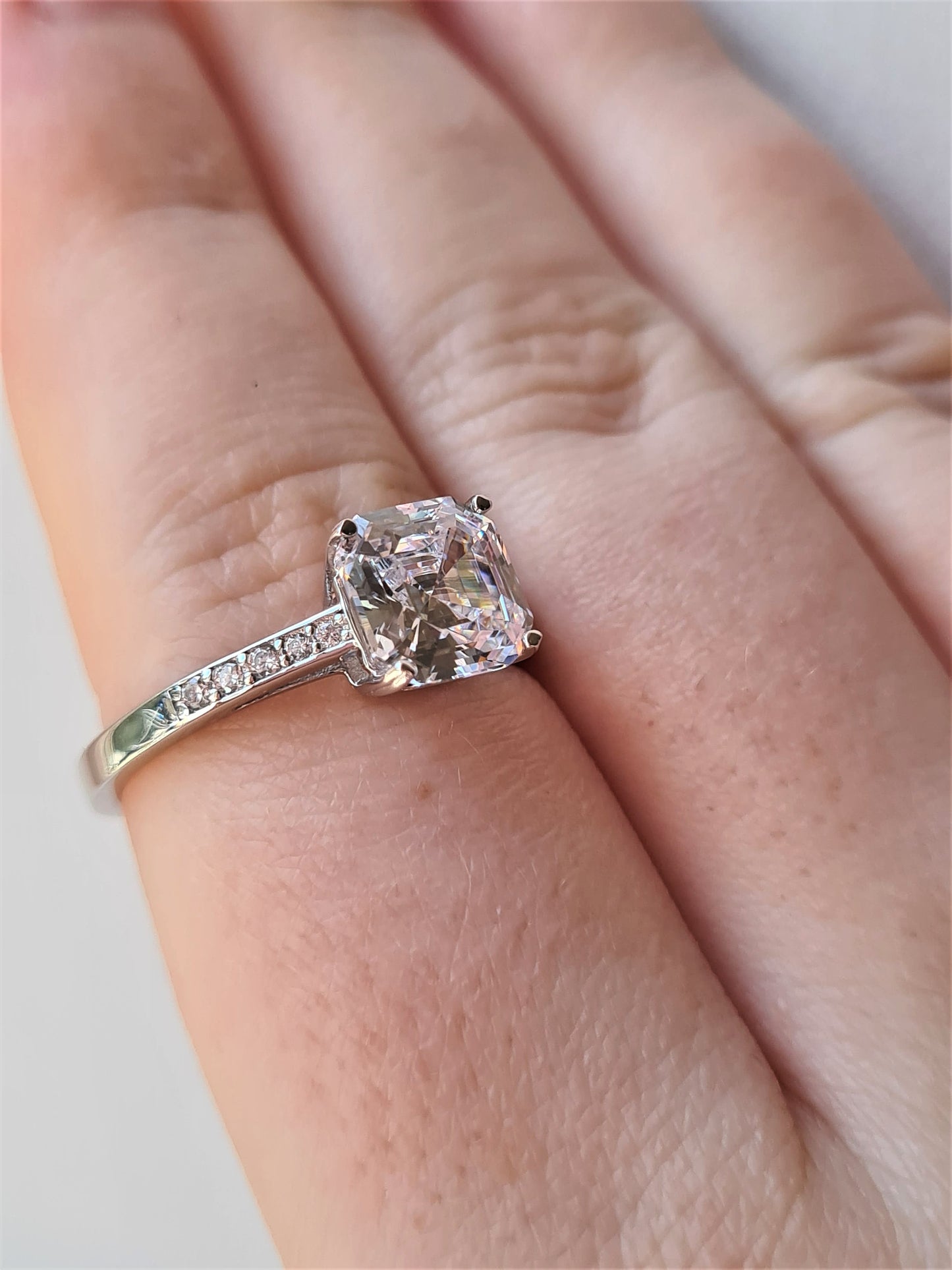 Ascher cut Simulated Diamond Ring 925 Sterling Silver SIZE N