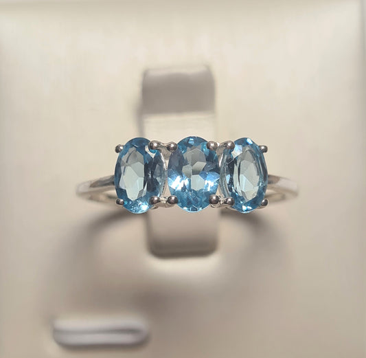 Paraiba Apatite 3 Stone Ring in Sterling Silver 1.54 Ct. SIZE N