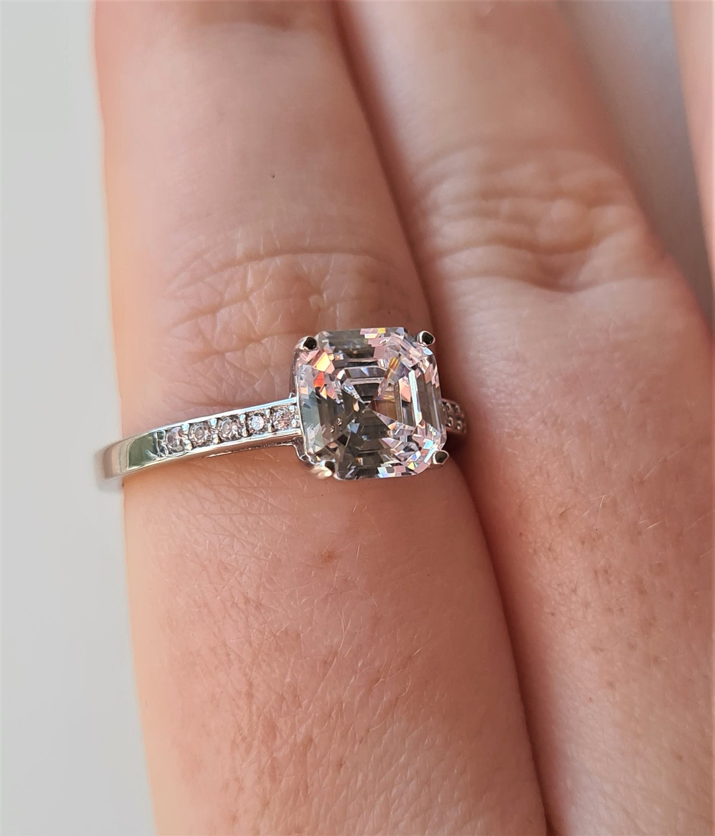 Ascher cut Simulated Diamond Ring 925 Sterling Silver SIZE N