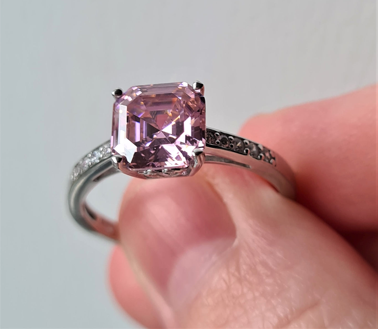 Ascher cut Simulated pink Diamond Ring 925 Sterling Silver SIZE S