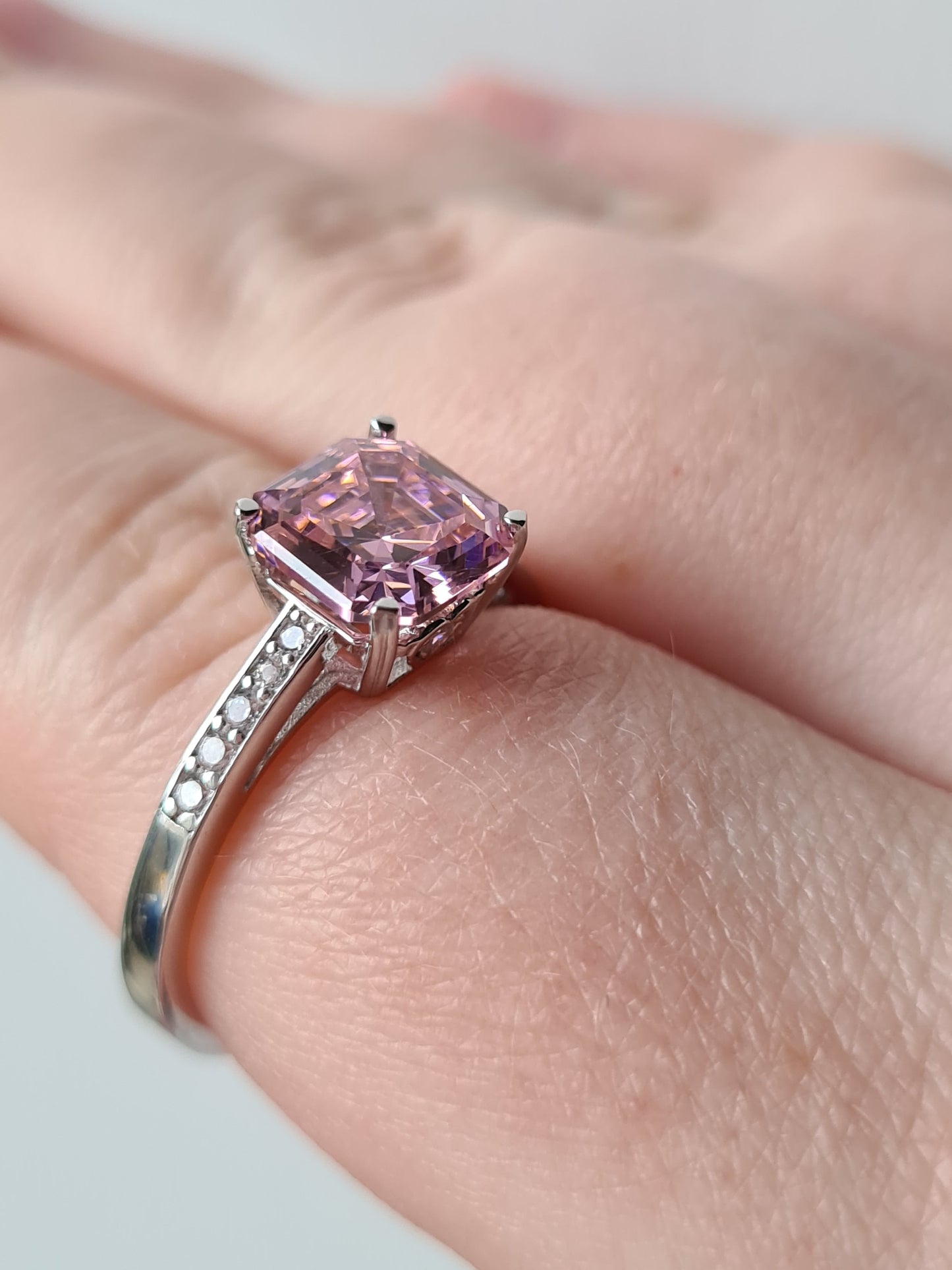 Ascher cut Simulated pink Diamond Ring 925 Sterling Silver SIZE S